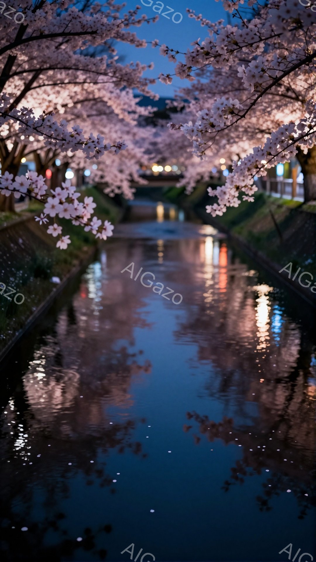 夜明け前の薄暗い時間帯に、桜並木と水路が映る風景です。水面には散った桜の花びらが浮かび、オレンジ色の街灯や遠くの光が水面に反射して幻想的な雰囲気を醸し出しています。両岸の桜は満開で、水路を挟んで美しいトンネルを作り出しています。
