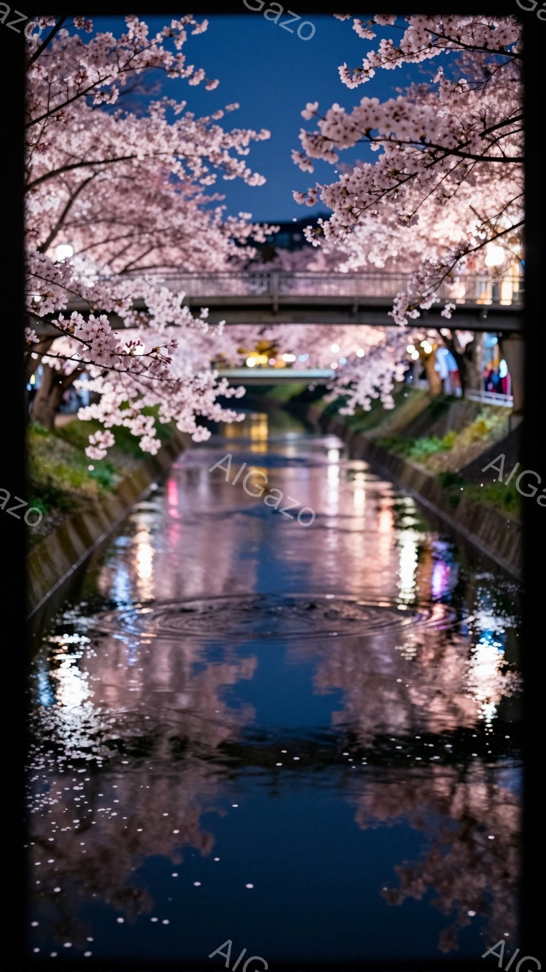 夜の運河に桜が咲き誇り、水面に光と影が揺らめいている。両岸の桜並木は満開で、花びらが水面に散り、幻想的な雰囲気を醸し出している。遠くに見える橋や街灯が、夜の静けさの中に温かい光を添えている。 - AI生成フリー素材