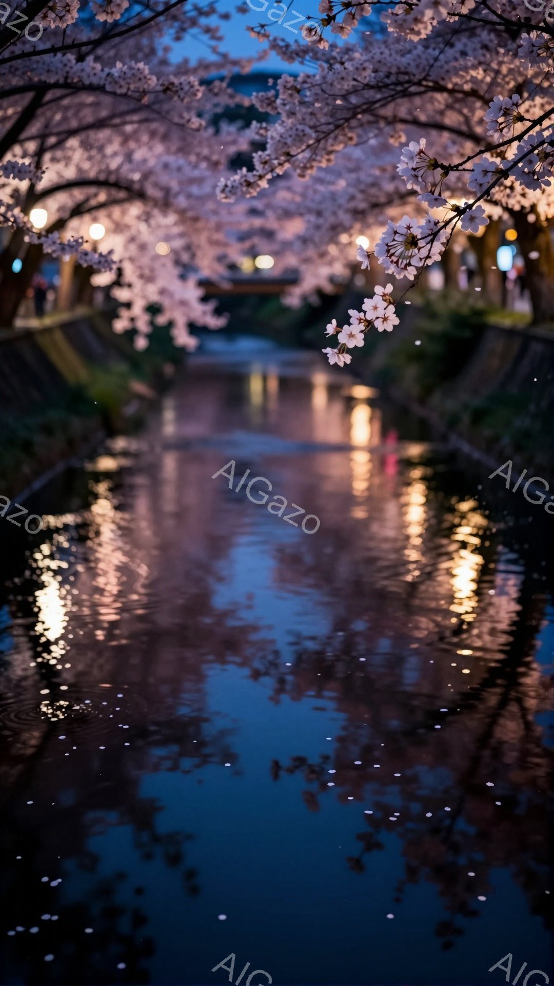 夜明け前の薄暗い時間帯に、桜並木が水面に映り込み幻想的な光景が広がっている。水面には桜の花びらが散りばめられ、街灯や遠くの建物の光が揺らめき、静かで穏やかな雰囲気を醸し出している。 桜の枝が画面の上部 - AI生成フリー素材
