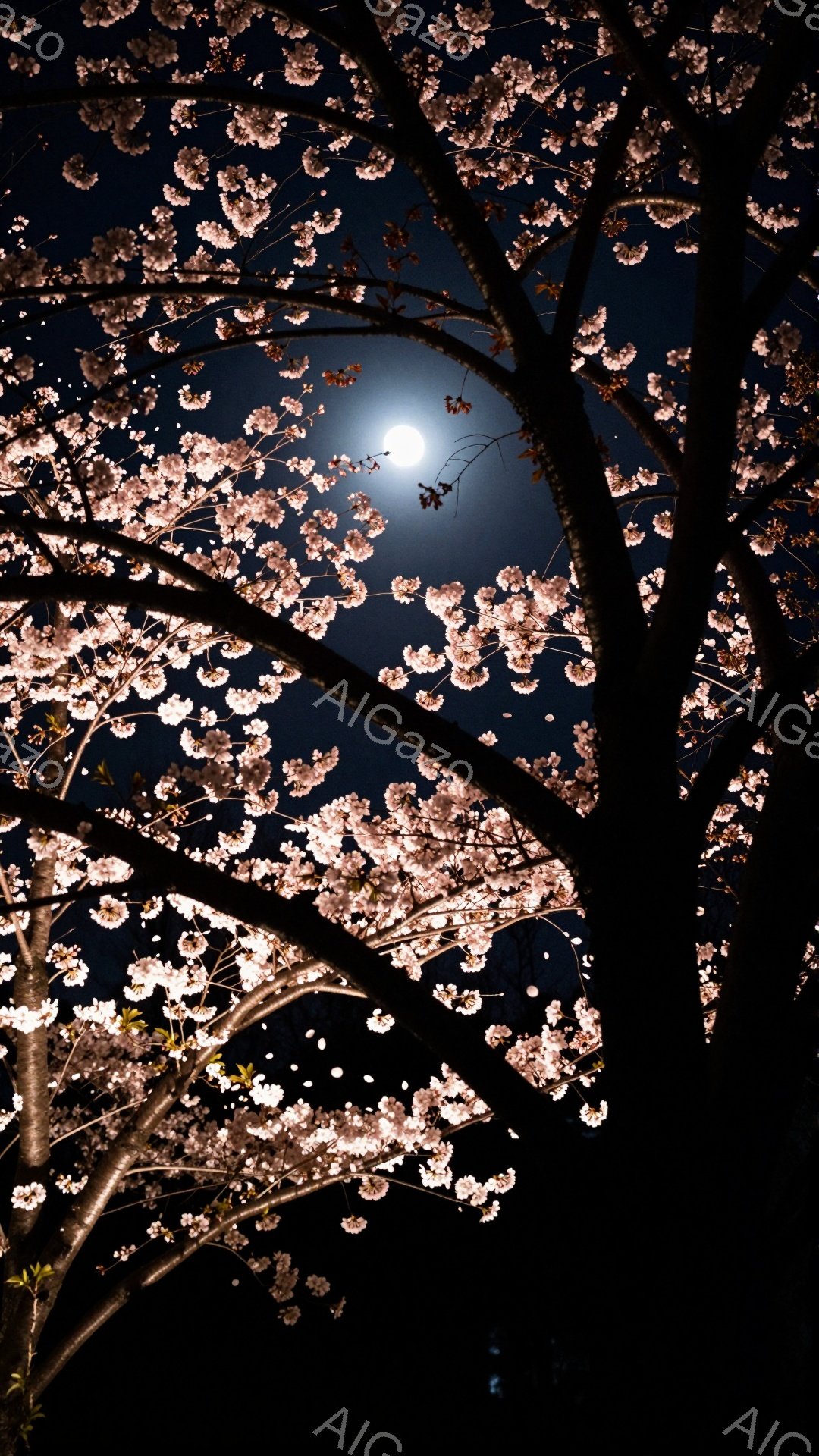 夜空を背景に桜の花が咲き乱れ、月がその間から顔をのぞかせています。 濃い枝と淡い桜色の対比が印象的で、幻想的でロマンチックな雰囲気を醸し出しています。 花びらが舞い散っているように見え、春の夜の儚さと美しさが表現されています。