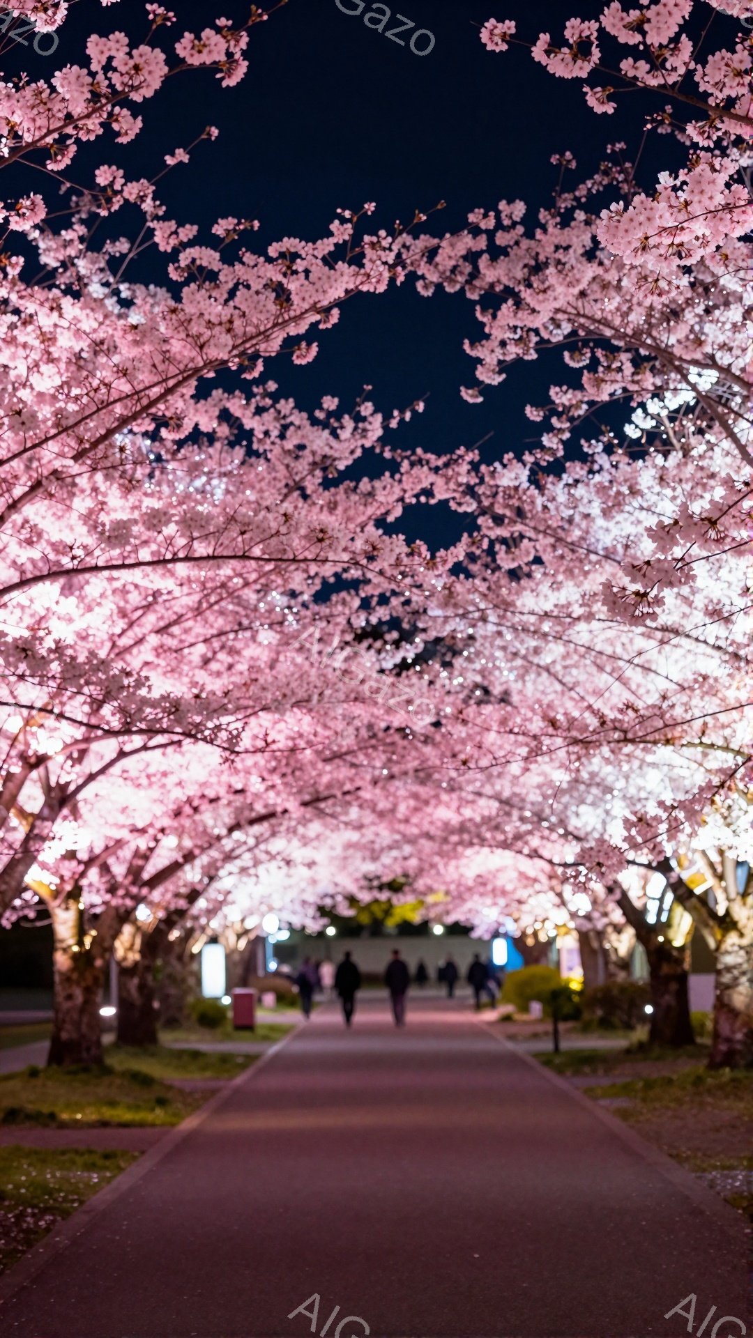 夜の道を行く人々の姿が、満開の桜並木によって幻想的な雰囲気に包まれています。人々は暗い服装で、桜のトンネルの中を歩いています。背景にはぼんやりと建物が見え、桜の花びらが夜空に舞い散る様子が想像できます。