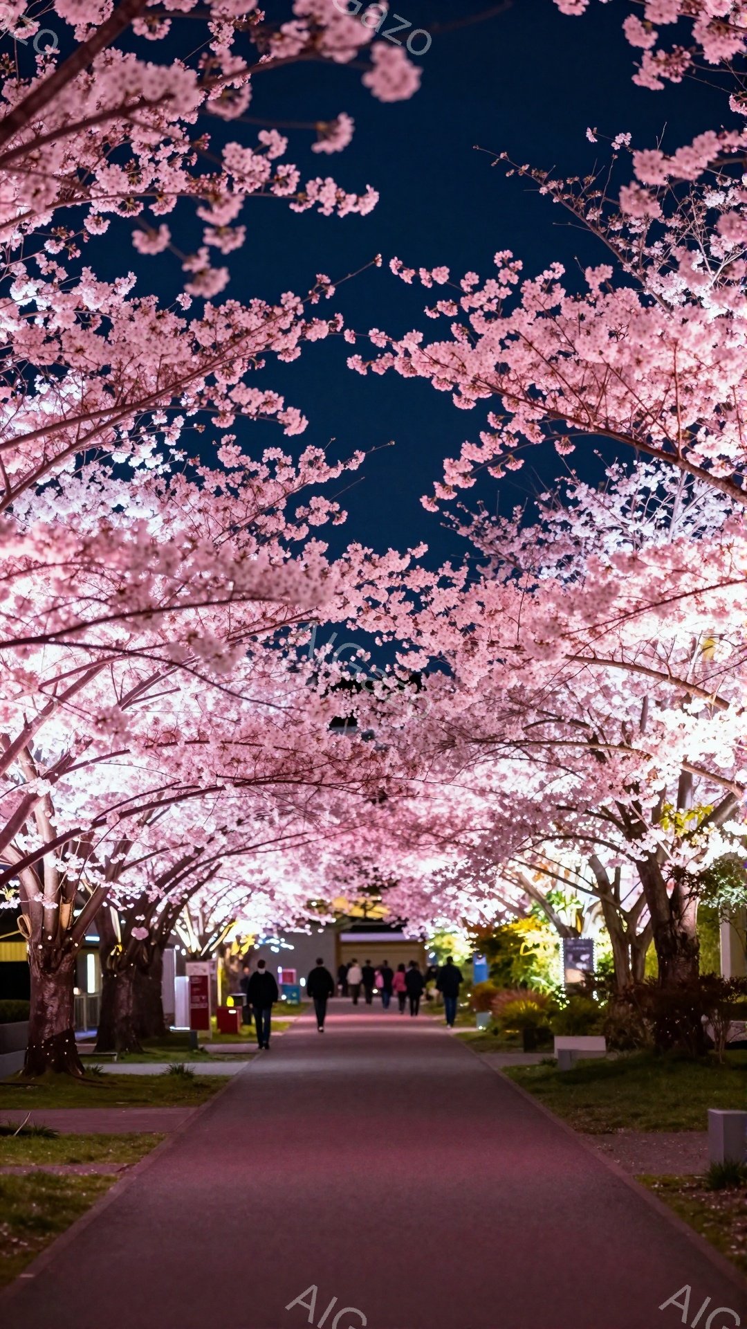 夜の暗い道に、桜のトンネルが広がっている。数人の人々が道を歩いており、黒いコートを着ている人が目立つ。背景には建物がぼんやりと見え、全体的に幻想的でロマンチックな雰囲気が漂っている。