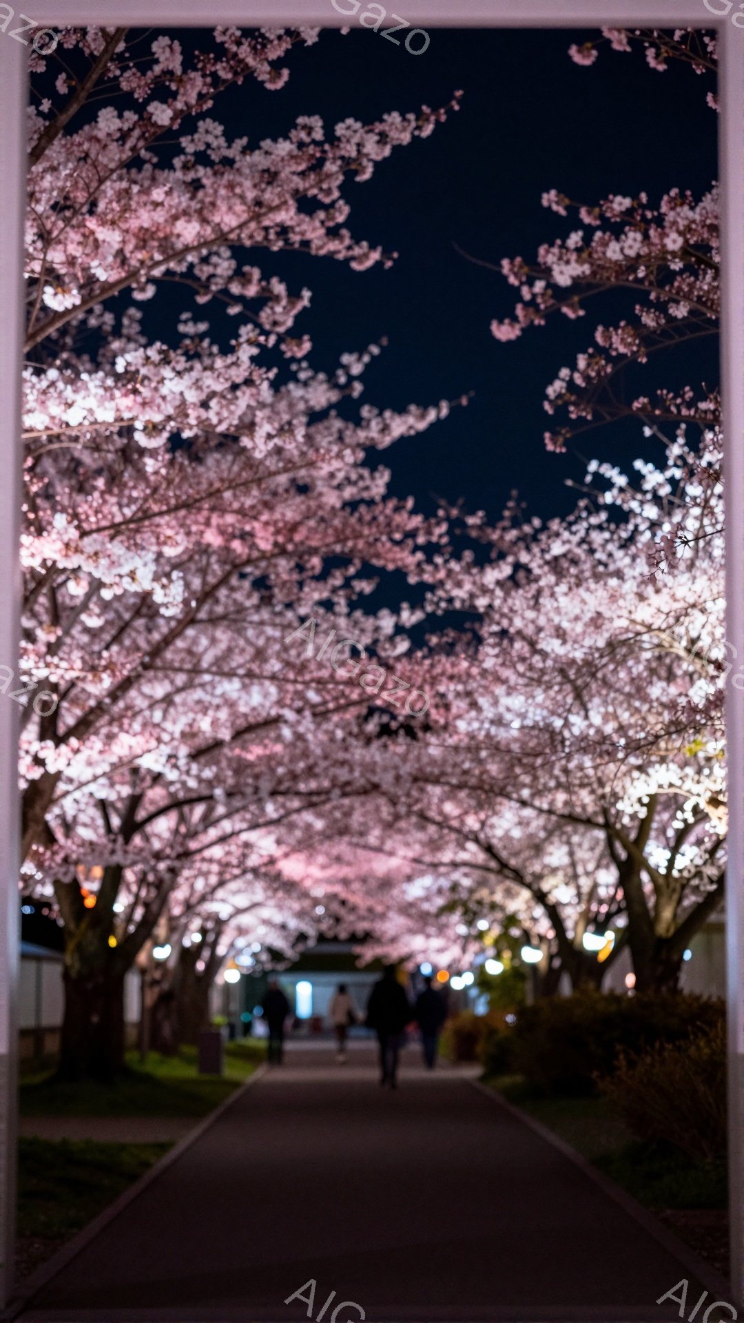 夜の桜並木を数人の人々が歩いている様子が捉えられています。人々は後ろ姿で、服装や髪型などの詳細は不明ですが、ゆったりとした歩調で散歩を楽しんでいるように見えます。背景にはぼんやりと建物が見え、桜の花び - AI生成フリー素材