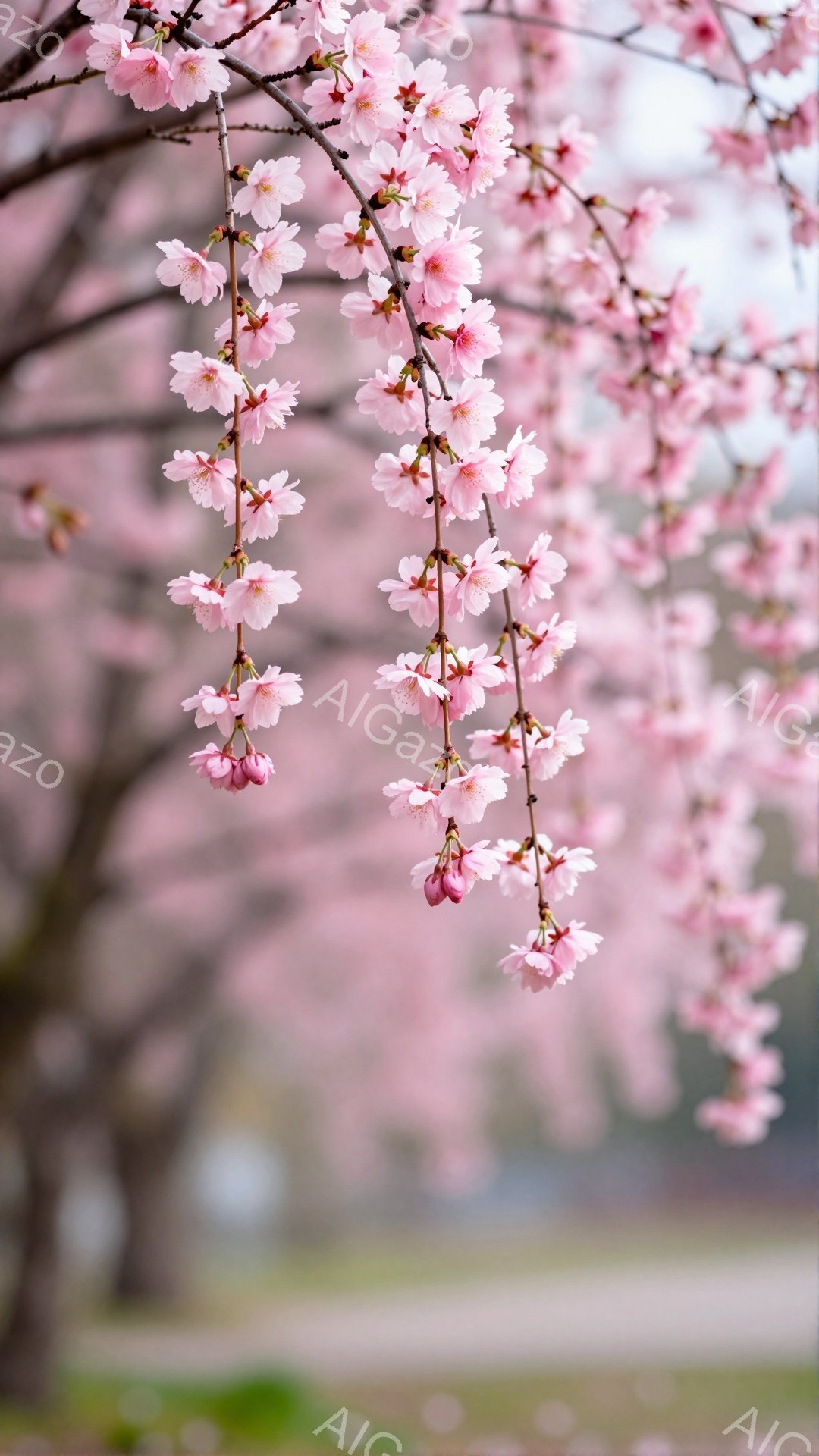 画像は桜の枝が美しく垂れ下がった様子を捉えており、淡いピンク色の花びらが密集して咲き誇っています。背景はぼやけており、緑の草地と遠くの建物が見え隠れし、春の穏やかで幻想的な雰囲気を醸し出しています。全 - AI生成フリー素材