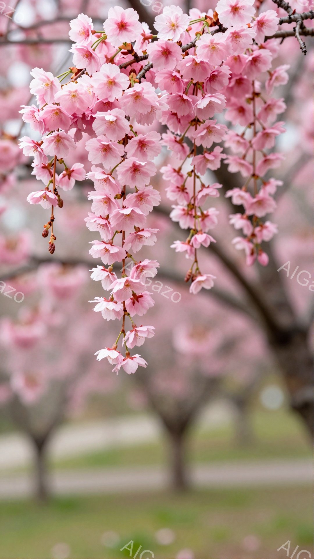 桜の枝が画面いっぱいに咲き誇り、淡いピンク色の花びらが春の息吹を感じさせます。背景には緑の芝生とぼんやりとした木々が見え、柔らかい光が全体を包み込んでいます。全体的に、優雅で穏やかな春の雰囲気が漂う美 - AI生成フリー素材