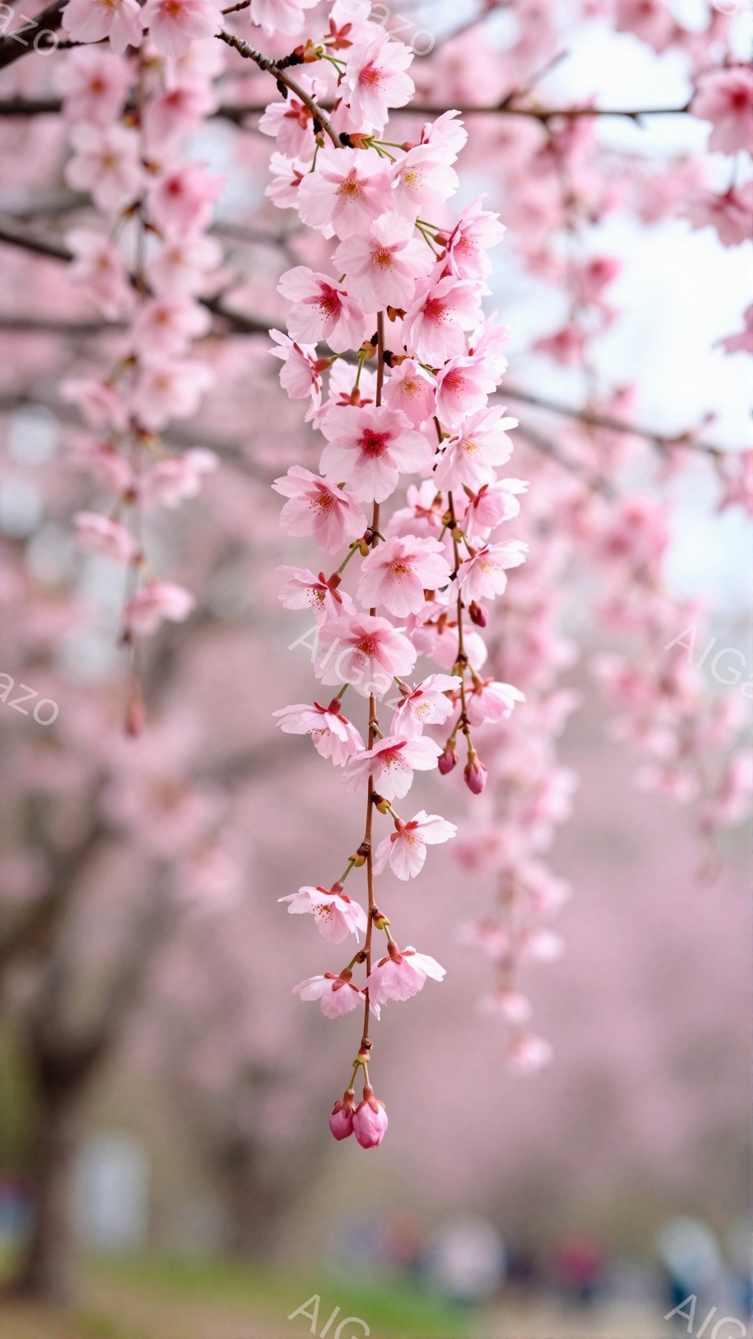 画像は、桜の美しい枝の一群を捉えており、薄ピンク色の花びらがたわわに咲き誇っています。背景には、ぼやけた緑の芝生と、さらに遠くには、桜並木のピンク色の霞が広がり、春の穏やかな雰囲気を醸し出しています。 - AI生成フリー素材