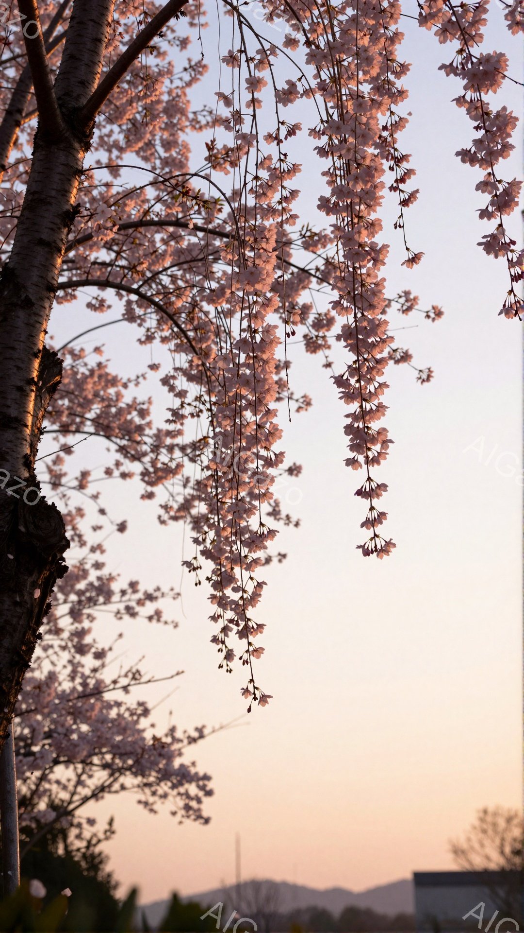 桜の枝が画面いっぱいに広がり、薄桃色の花が密集して咲き誇っている。背景は夕焼けのようなオレンジとピンクのグラデーションで、遠くにはぼんやりとした建物と山並みが望める。穏やかで幻想的な雰囲気で、春の訪れ - AI生成フリー素材