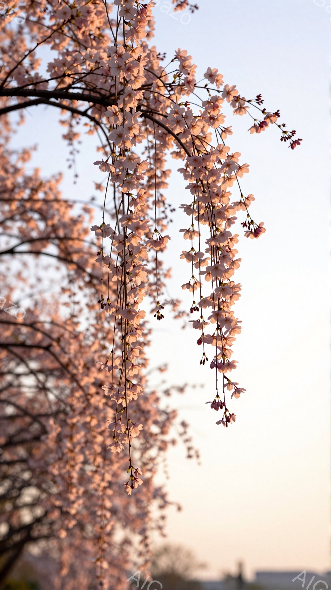 垂れ桜が画面いっぱいに咲き誇り、淡いピンク色が春の訪れを感じさせます。背景にはぼんやりと建物が見え、柔らかな夕焼け空が桜の美しさを引き立てています。全体的に穏やかで優雅な雰囲気が漂い、春の息吹を感じさせる一枚です。
