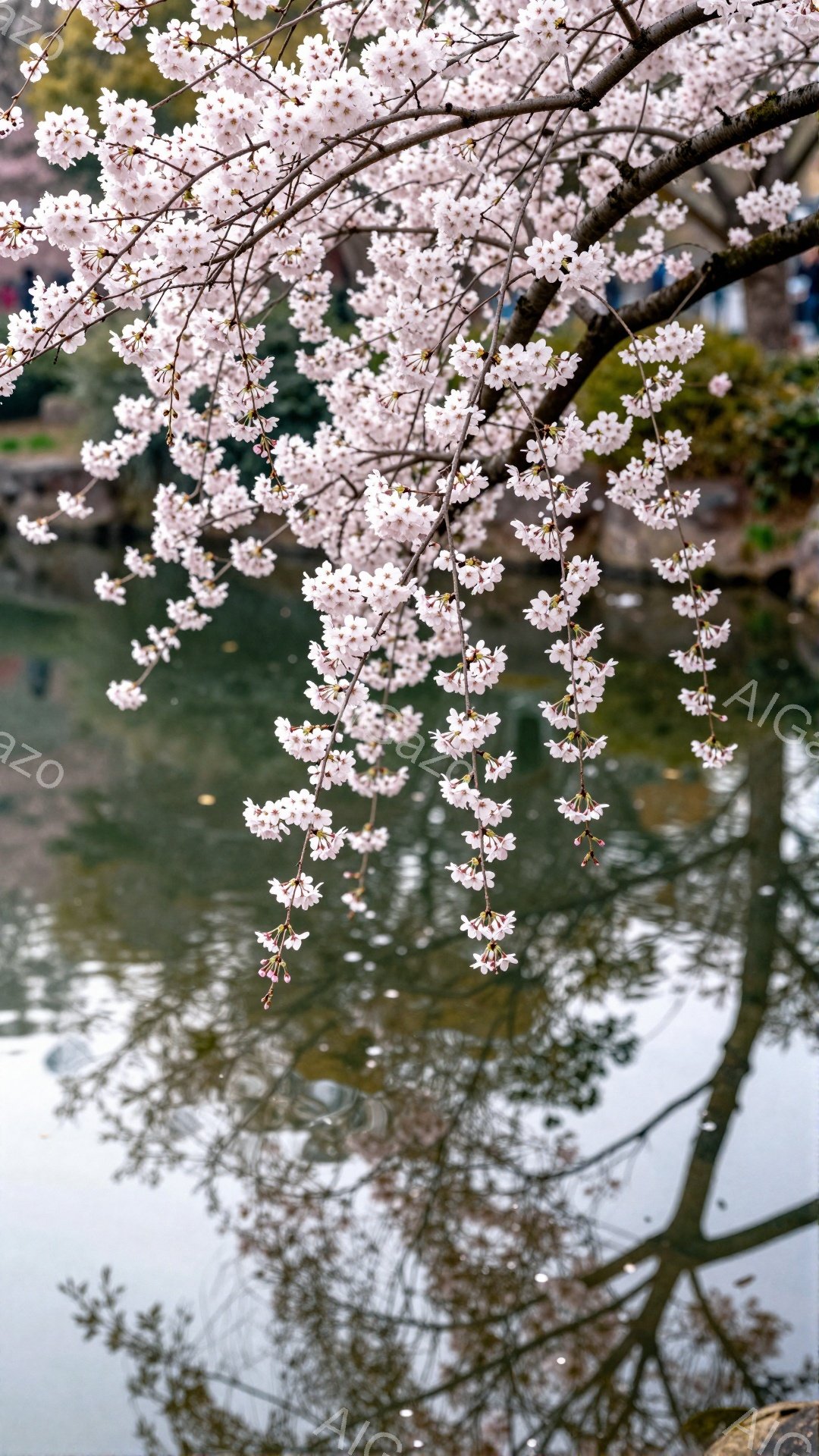 枝垂れ桜が水面に映り込み、幻想的な光景を作り出している。淡いピンク色の花びらは、春の暖かさを感じさせ、穏やかな水面とのコントラストが美しい。背景にはぼんやりと緑が見え、自然豊かな場所で撮影されたことが - AI生成フリー素材
