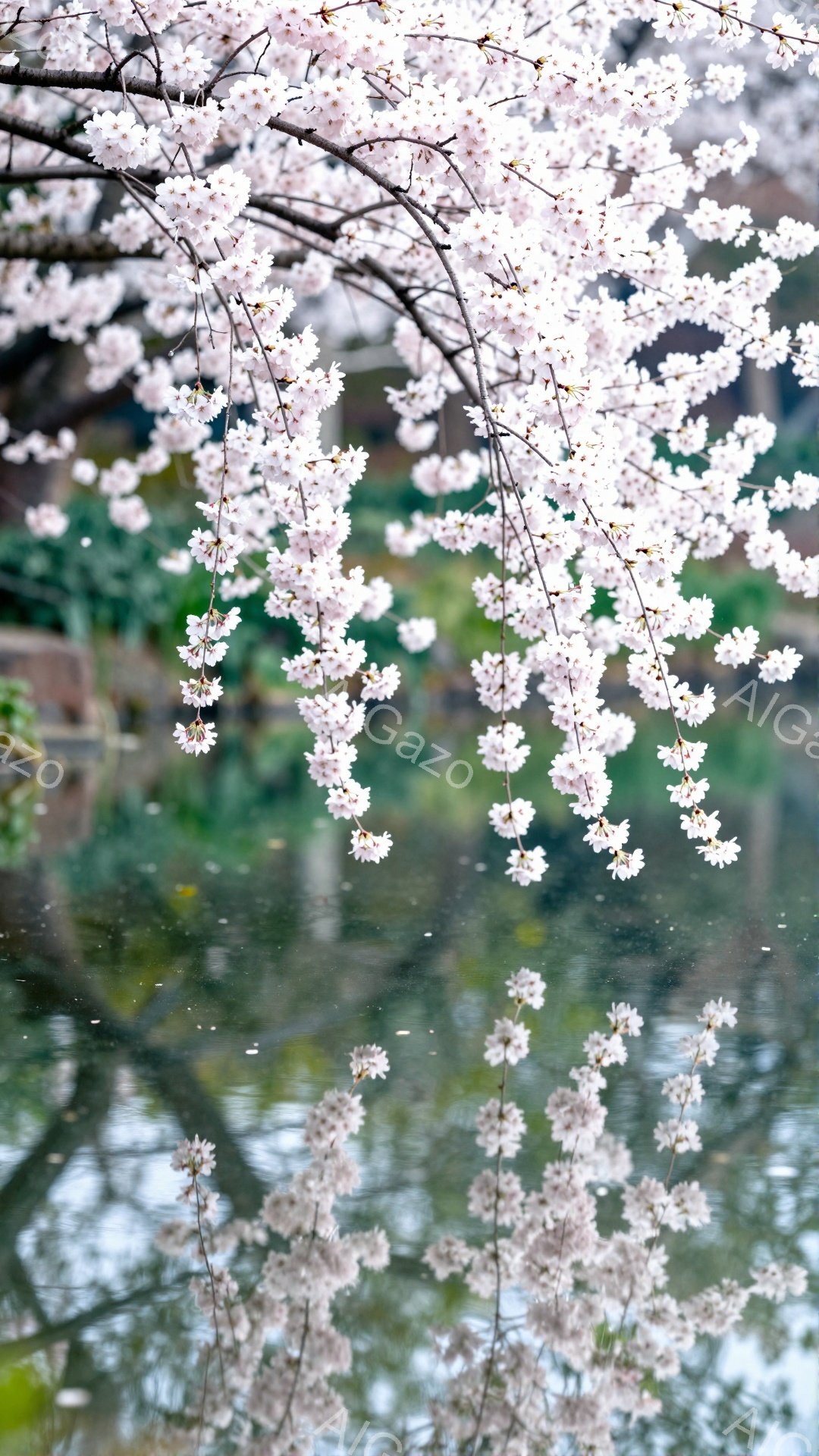 桜の枝が水面に美しく垂れ下がっており、淡いピンク色の花びらが水面に映り込んで幻想的な光景を作り出している。背景には緑豊かな植物が見え、穏やかな春の陽光が全体を照らしている。水面の反射と桜の組み合わせが - AI生成フリー素材