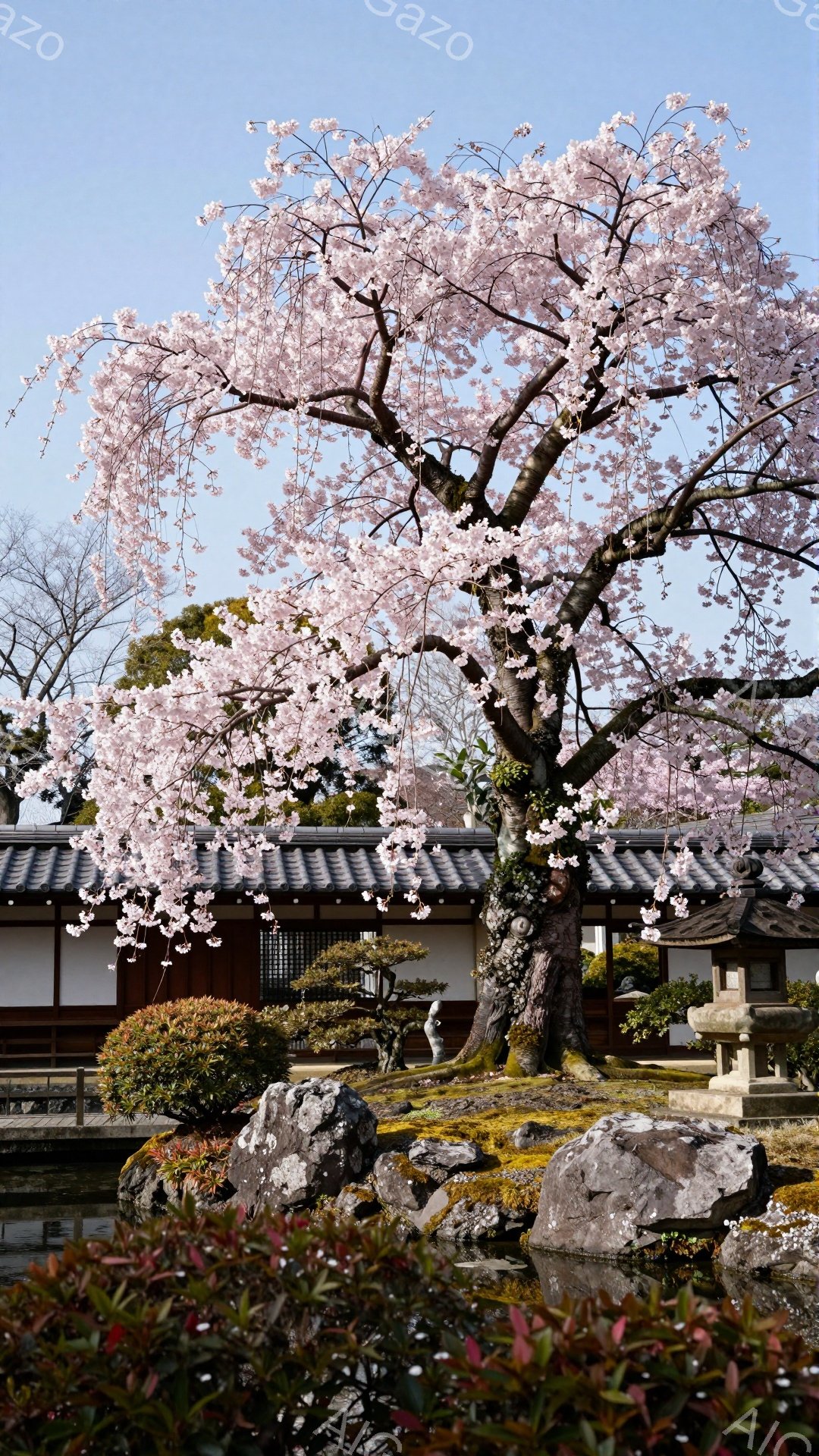 庭園には、満開の桜が堂々とそびえ立っており、その枝は優雅に垂れ下がっています。庭の地面は苔と岩で覆われ、手入れの行き届いた庭園の美しさを際立たせています。背景には伝統的な日本の建物が穏やかに佇み、春の暖かく穏やかな雰囲気を醸し出しています。