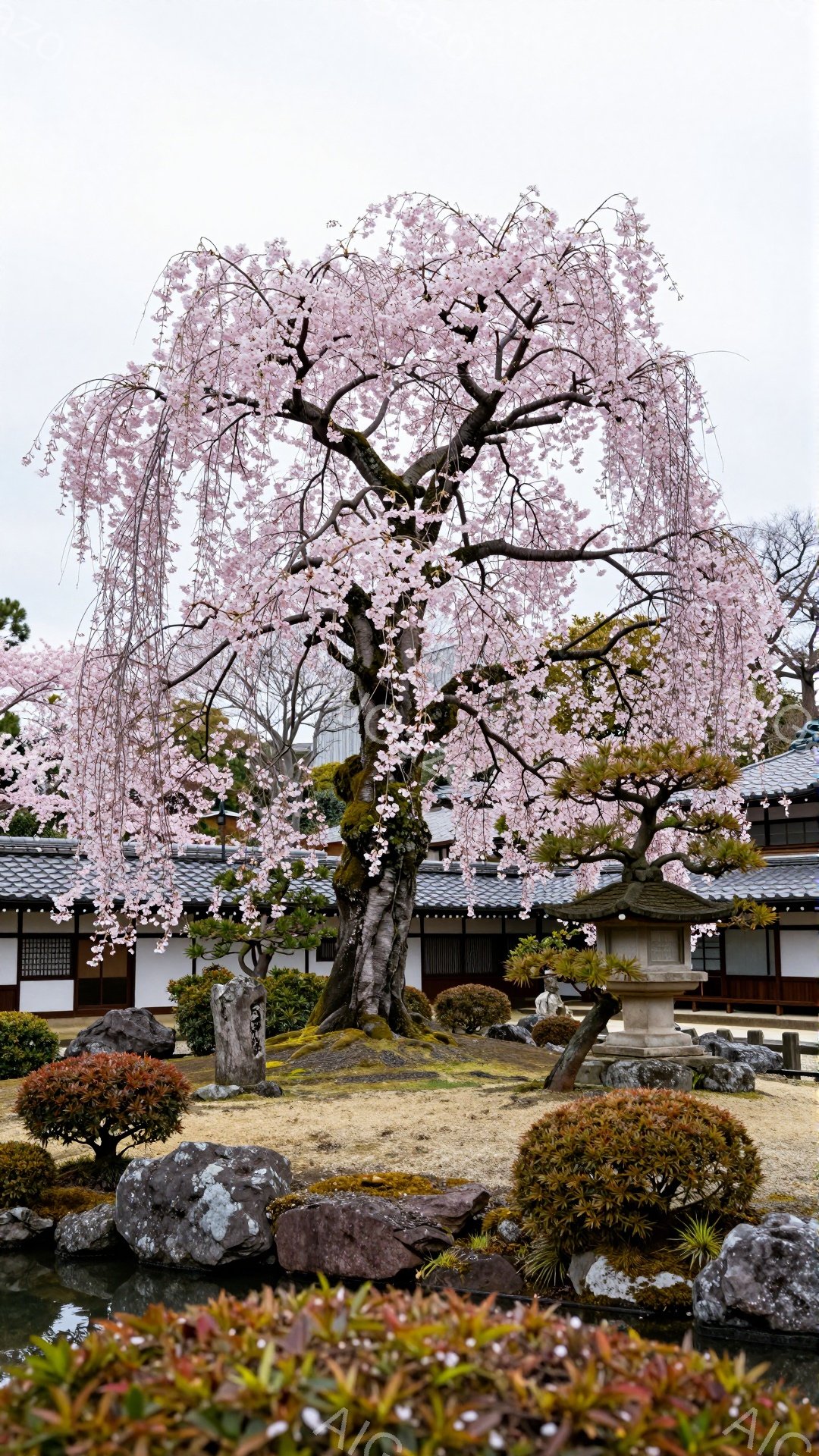 庭園には見事な枝垂れ桜が咲き誇り、その花びらが地面や池に舞い散っている。背景には伝統的な日本建築が佇み、苔むした庭石や手入れされた低木が桜の美しさを引き立てている。全体として、春の穏やかで静謐な雰囲気が漂う、趣のある光景だ。
