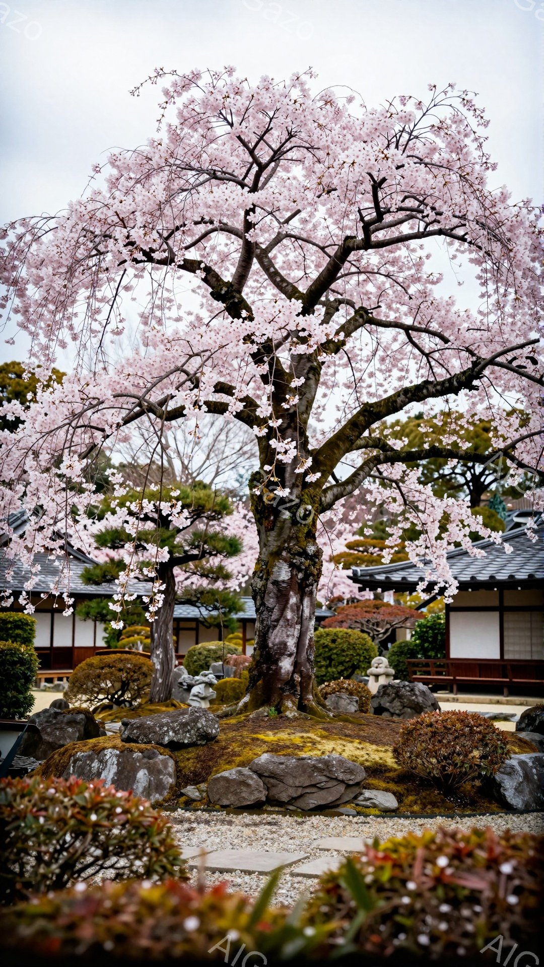 庭園の中に大きな枝垂れ桜が咲き誇り、その根元には苔むした岩が配置されています。背景には伝統的な日本建築の建物が見え、薄曇りの空の下、穏やかな春の雰囲気が漂っています。全体的に静寂で美しい情景で、春の訪れを感じさせます。