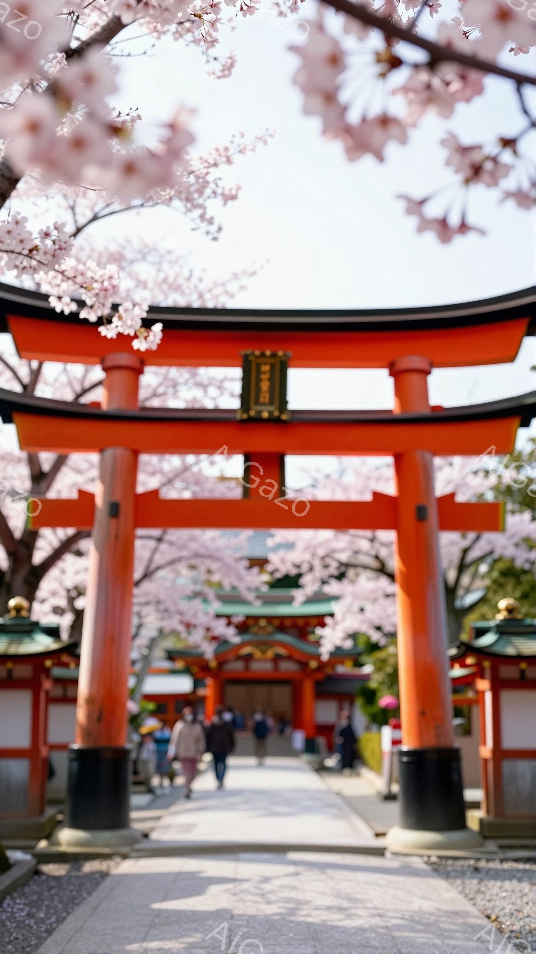 朱色の鳥居が並び、その下を人々が歩いている風景です。人々はカジュアルな服装で、鳥居のトンネルをゆっくりと進んでいます。背景には寺院らしき建物が見え、空と桜の花びらが春の暖かく穏やかな雰囲気を醸し出しています。