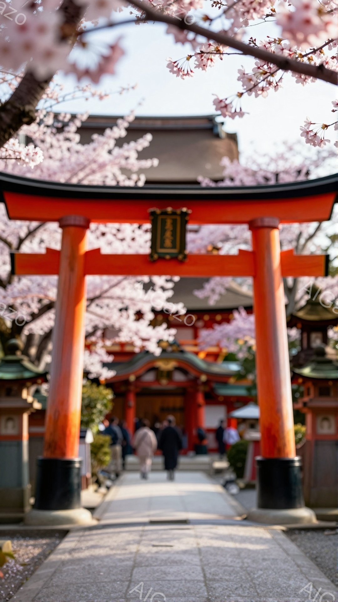 朱色の鳥居が桜並木の中を通り抜け、その先に神社の建物が見える風景です。人々はカジュアルな服装で、桜並木を散策している様子で、穏やかな表情をしています。背景には伝統的な建築様式の建物が見え、春の暖かな日 - AI生成フリー素材