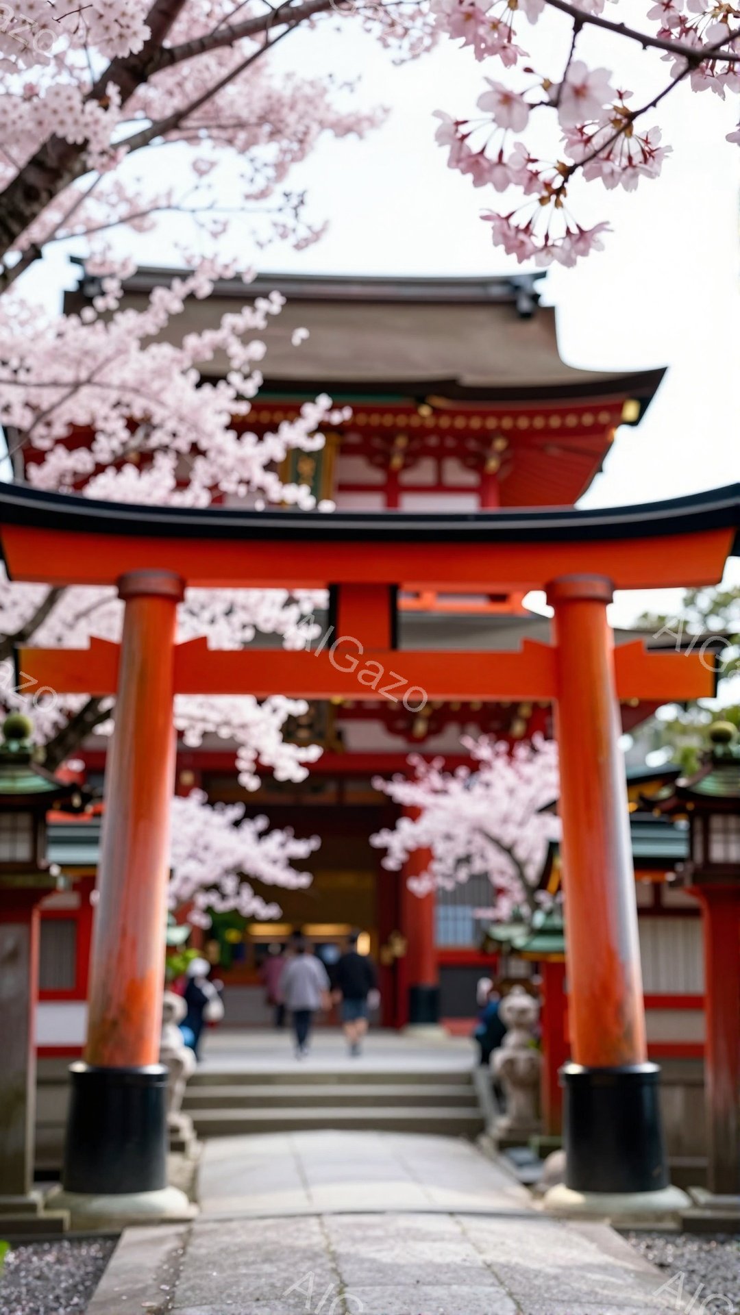 朱色の鳥居が手前に大きく構え、石段へと続く参道は多くの参拝者で賑わっている。人々はカジュアルな服装で、白いシャツやTシャツ、ズボンを着用し、鳥居を背景に石段を登っている。背景には伝統的な屋根を持つ建物が見え、桜の花びらが舞い散る中で、穏やかで神聖な雰囲気が漂っている。