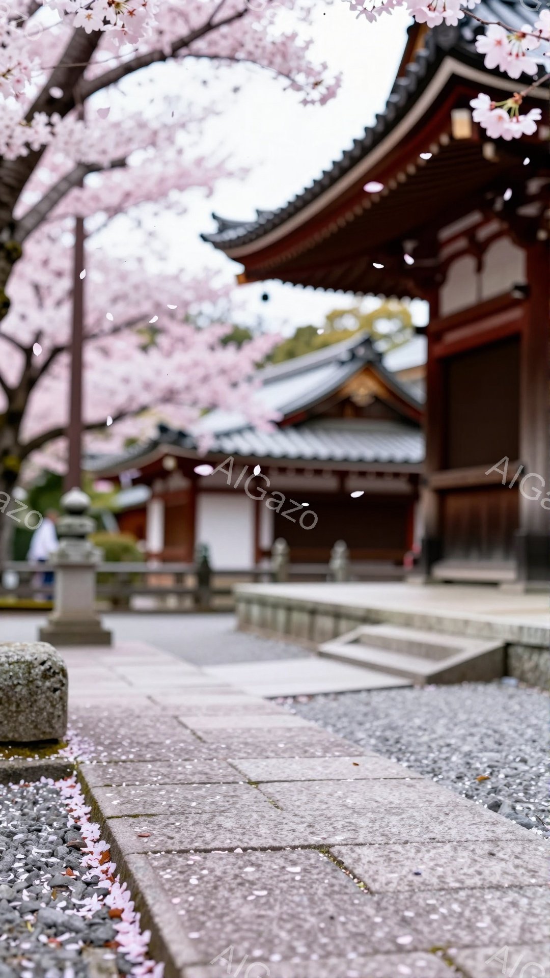 灰色の石畳の道に、桜の花びらが舞い散り、春の訪れを感じさせる光景です。背景には、鮮やかな朱色の社殿が聳え立ち、厳かで美しいコントラストを描いています。全体的に穏やかで幻想的な雰囲気が漂い、訪れる人を魅了します。