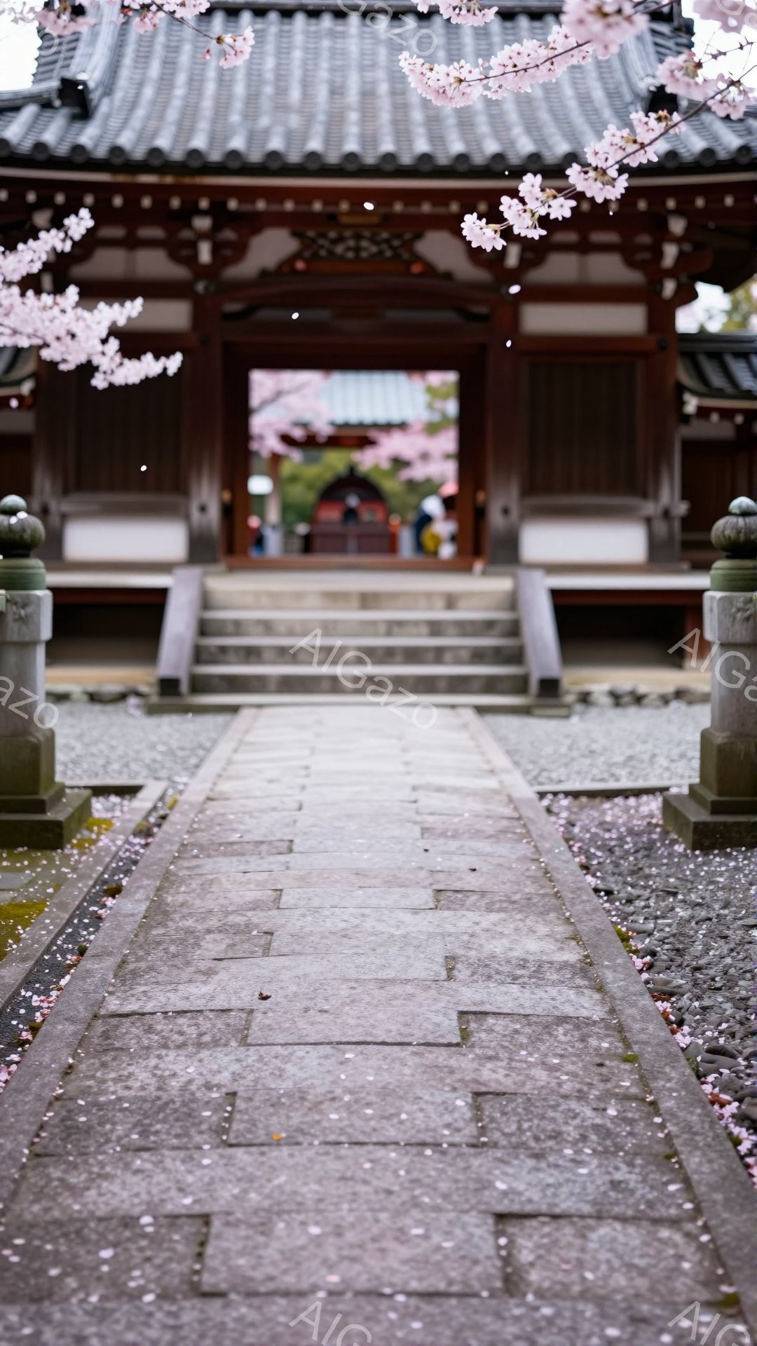 石畳の参道が、鮮やかなピンク色の桜の花びらで覆われています。朱色の本堂が遠くに小さく見え、石灯籠が両脇に並び、春の穏やかな雰囲気を醸し出しています。花びらが舞い散る様子から、春の儚さと美しさが感じられます。