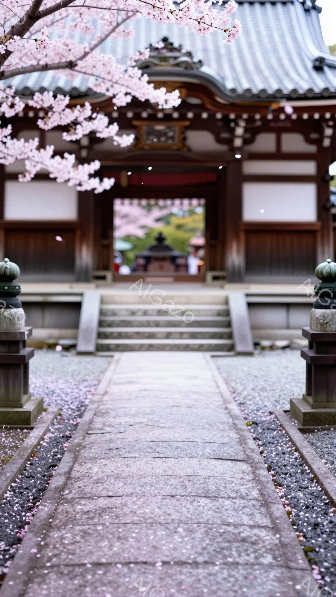 石畳の道が、桜の花びらで覆われ、寺院へと続いています。朱色の建物が背景にあり、穏やかな春の陽光が全体を包み込み、静寂で神聖な雰囲気を醸し出しています。 散りゆく桜が、時の流れと無常観を感じさせます。