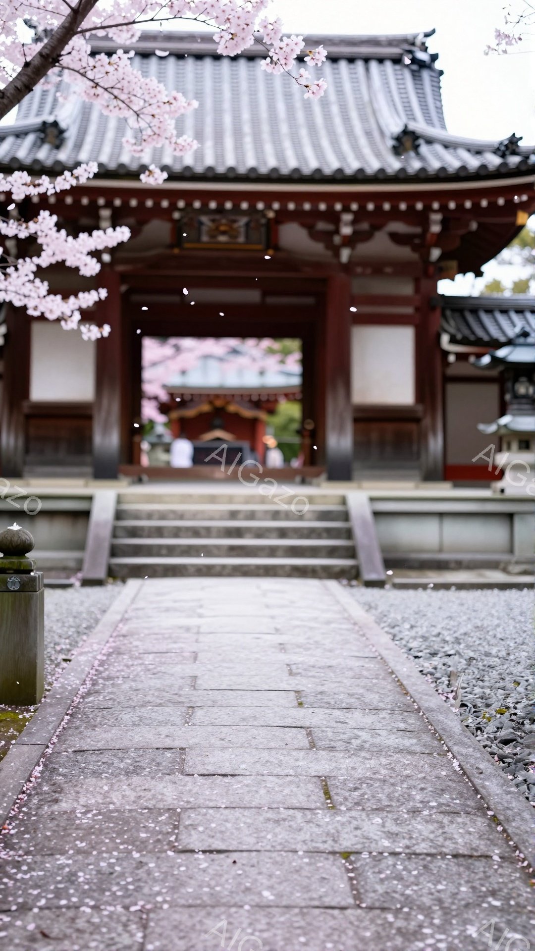 石畳の道が続く先に、鮮やかな朱色の建物が見える。桜の花びらが舞い散り、地面や石畳を薄いピンク色に染めている。古風な建築と桜のコントラストが、静かで穏やかな雰囲気を醸し出している。