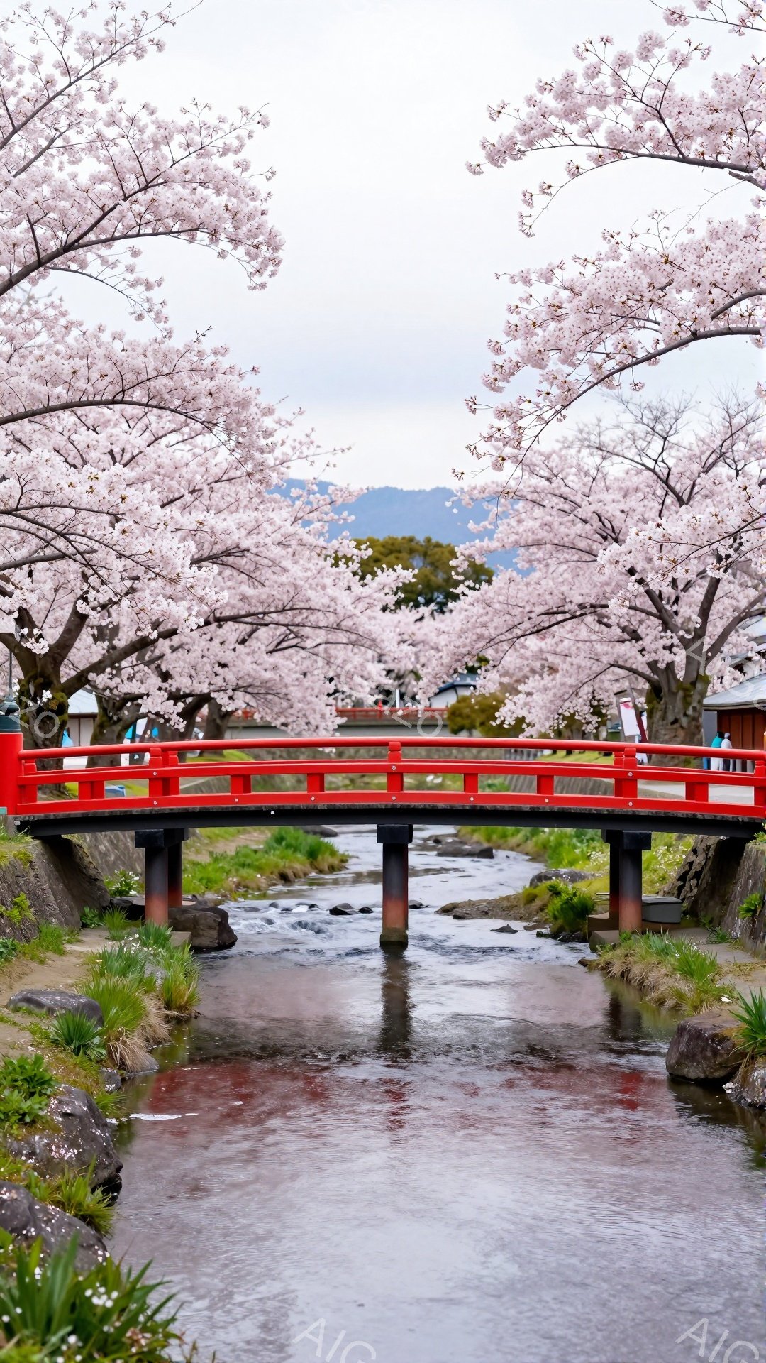 赤い橋が小川の上を優雅に架かっています。両側には桜並木が咲き誇り、淡いピンク色が橋と小川を彩っています。背景には緑の山々がぼんやりと見え、穏やかな春の日の光景が広がっています。 - AI生成フリー素材