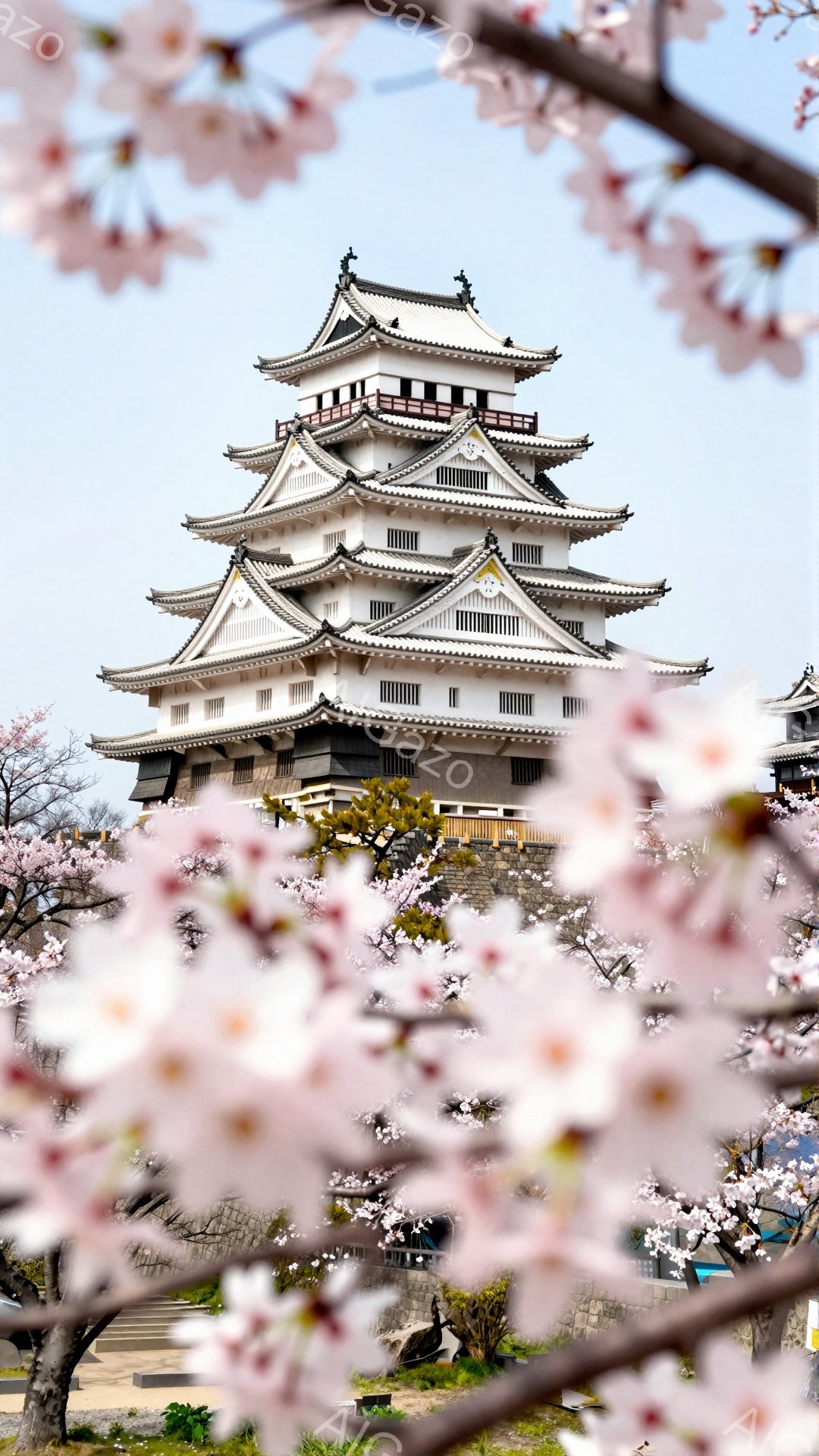 桃色の桜の花びらが前景を彩り、白壁の美しい城がその奥にそびえ立っています。城は多層構造で、屋根は優雅に反り返り、日本の伝統的な建築様式を彷彿とさせます。青空と桜、そして城のコントラストが、春の穏やかで華やかな雰囲気を醸し出しています。