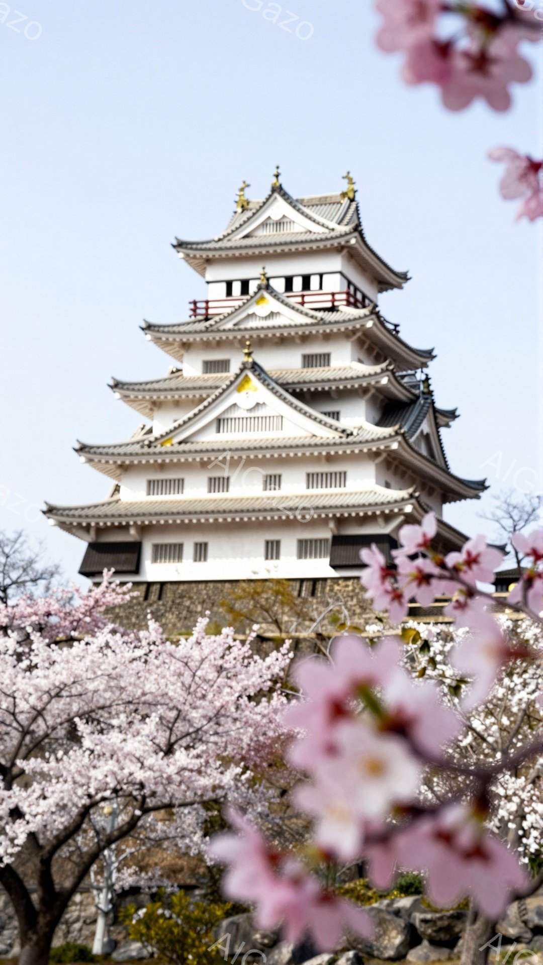 白い城が、桜の花びらのフレームに囲まれてそびえ立っています。石垣の上に建てられた城は、複数の階層を持ち、屋根には装飾が施されています。春の穏やかな日差しが差し込み、桜と城のコントラストが美しい、平和な情景です。