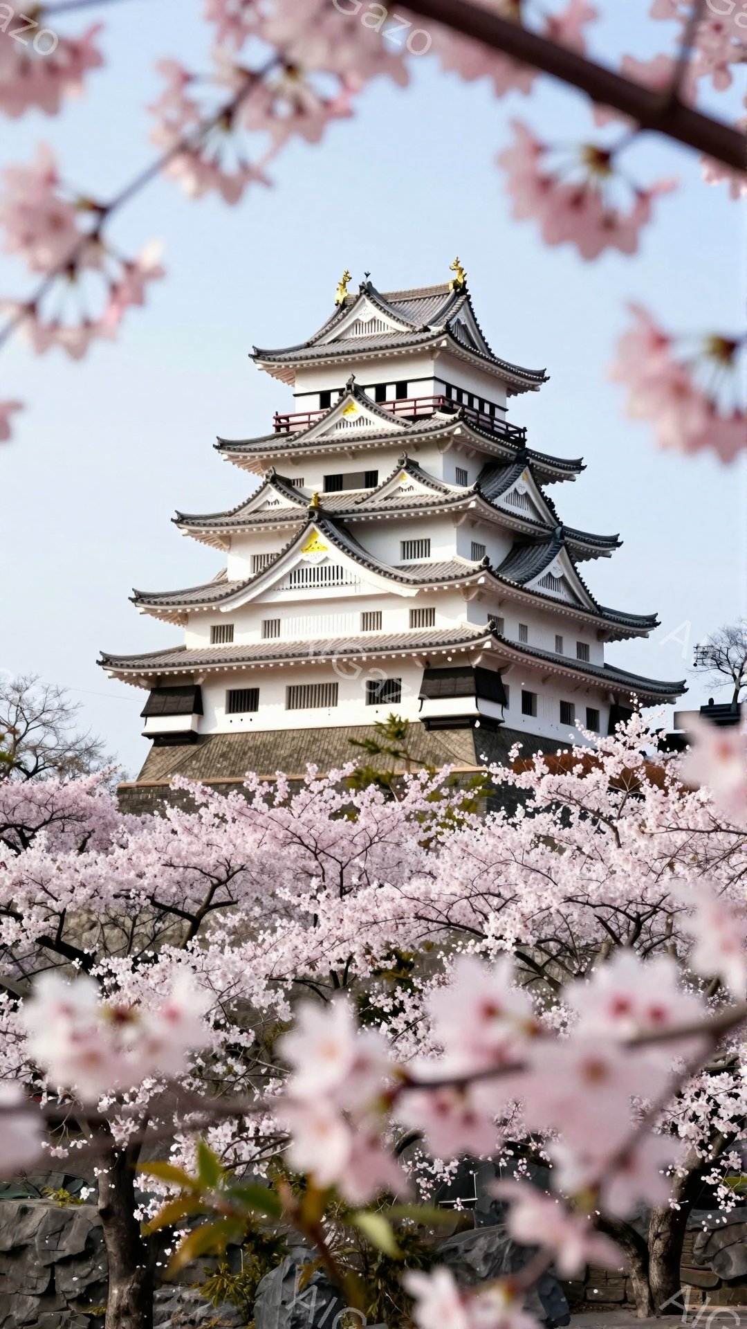 白い城が、桜の花びらで縁取られたフレームの中にそびえ立っている。石垣の上に築かれた城は、複数の層で構成され、緑色の屋根が特徴的である。背景には、うっすらとした空が広がり、春の穏やかな雰囲気を醸し出している。