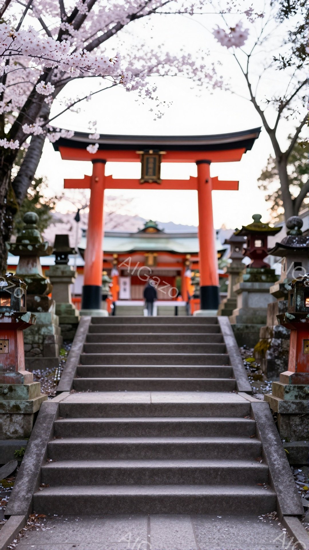 朱色の鳥居が連なる階段を、一人の人物がゆっくりと登っている。背景には、屋根の見える建物と、桜の花びらが舞う木々が見え、穏やかで静謐な雰囲気が漂っている。人物は黒い服装で、後ろ姿のため表情は読み取れないが、参拝に向かっている様子が窺える。