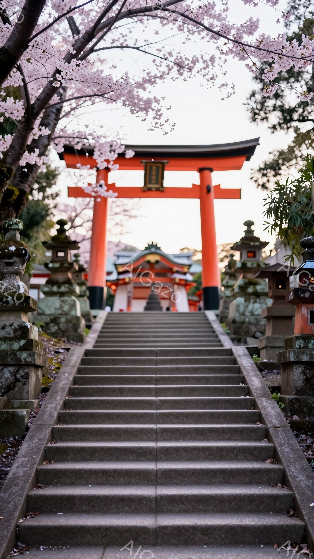 鳥居と石段が写っており、桜の花びらが舞い散る美しい春の風景です。石段は長く、朱色の鳥居が遠くに見え、その奥には神社の建物が見えます。全体的に穏やかで神聖な雰囲気が漂い、春の訪れを感じさせる一枚です。