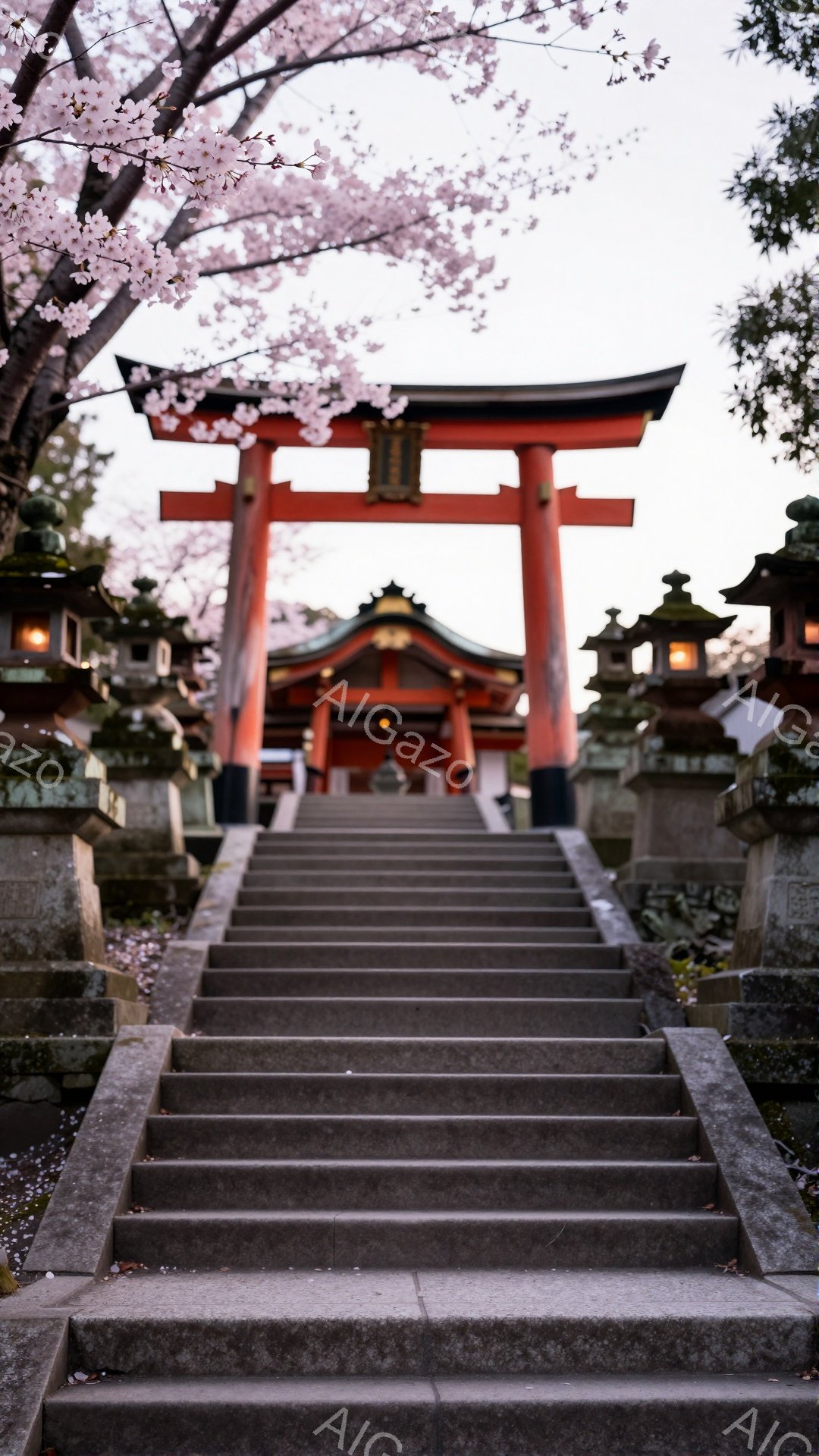 参道を行く石段が写真の中央にあり、鮮やかな朱色の鳥居が遠くに見えます。両脇には石灯籠が整然と並び、桜の花びらが舞い散る様子から、春の穏やかな雰囲気が漂っています。全体的に暖色系の色調で、静寂で神聖な場所であることを強調しています。