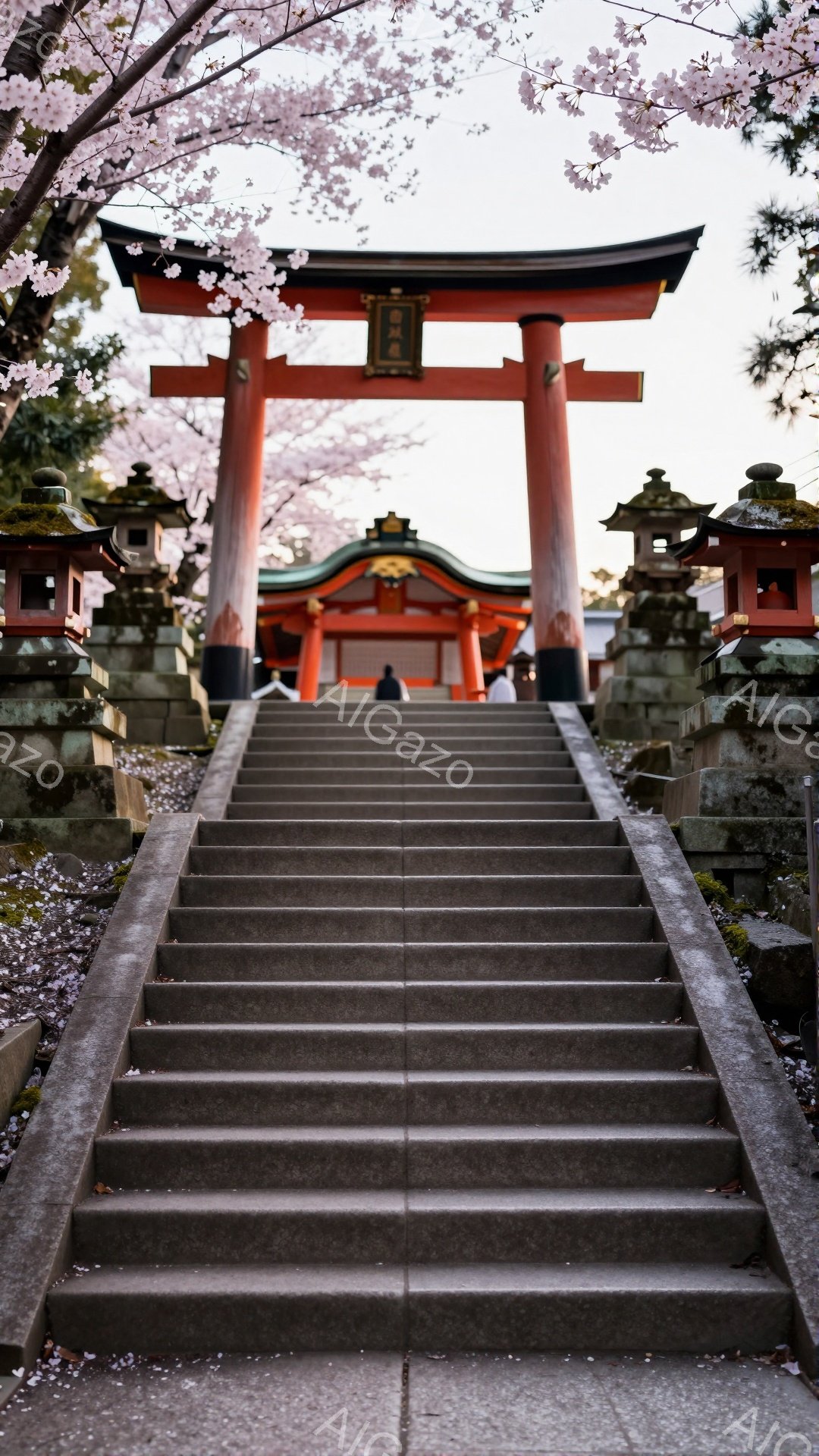 石段が続く参道の中央に朱色の鳥居がそびえ立ち、その背後には伝統的な屋根を持つ建物が見える。石段には桜の花びらが散りばめられ、両脇には石灯籠が並んでいる。全体的に、春の穏やかな日差しの中で、静かで神聖な - AI生成フリー素材