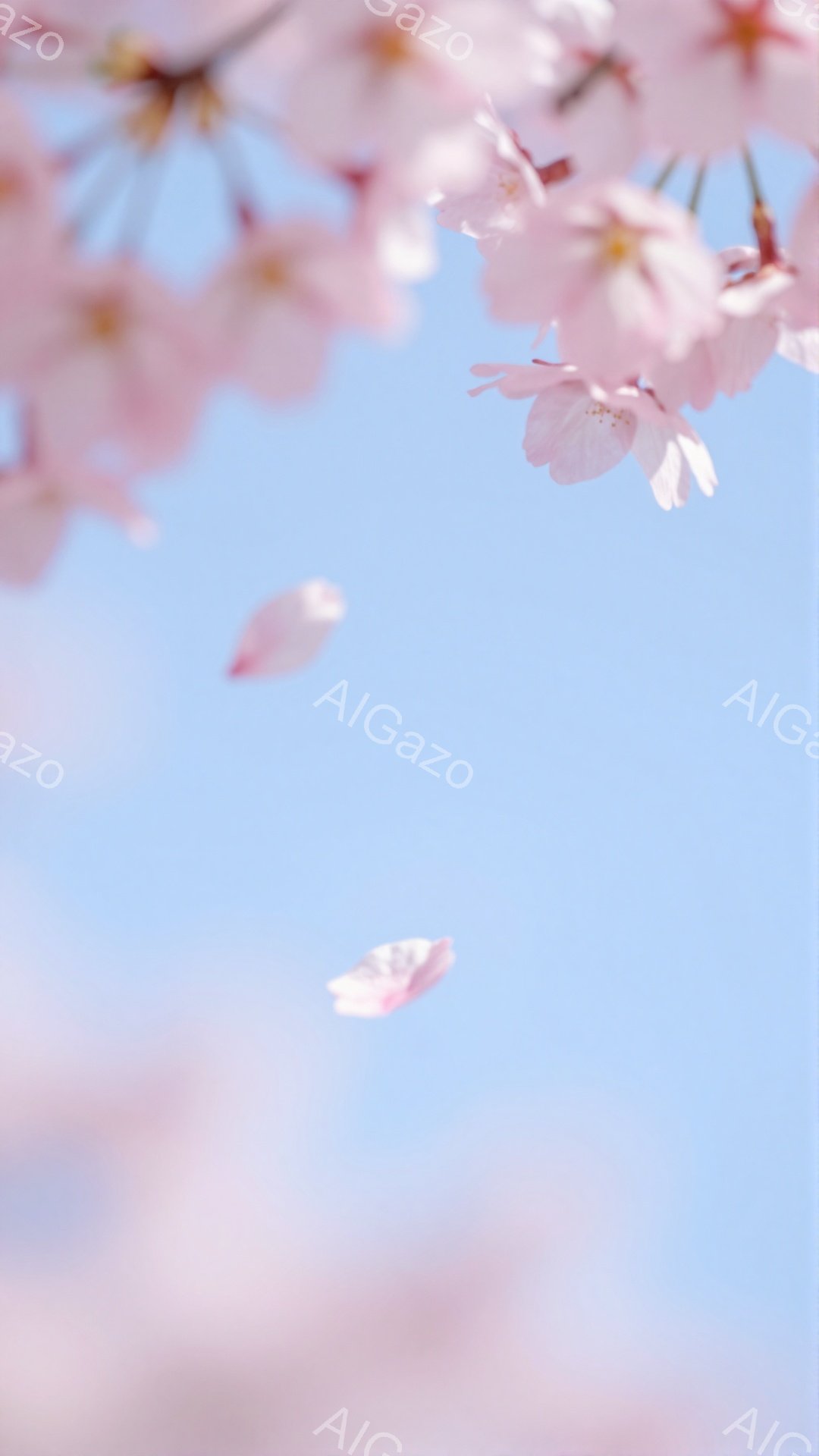 桜の花びらが淡い青空に舞い散る様子が捉えられています。桜の枝が画面の上部にわずかに見え、花びらは柔らかい光の中で優雅に漂っています。春の穏やかさと儚さを感じさせる、静かで美しい光景です。