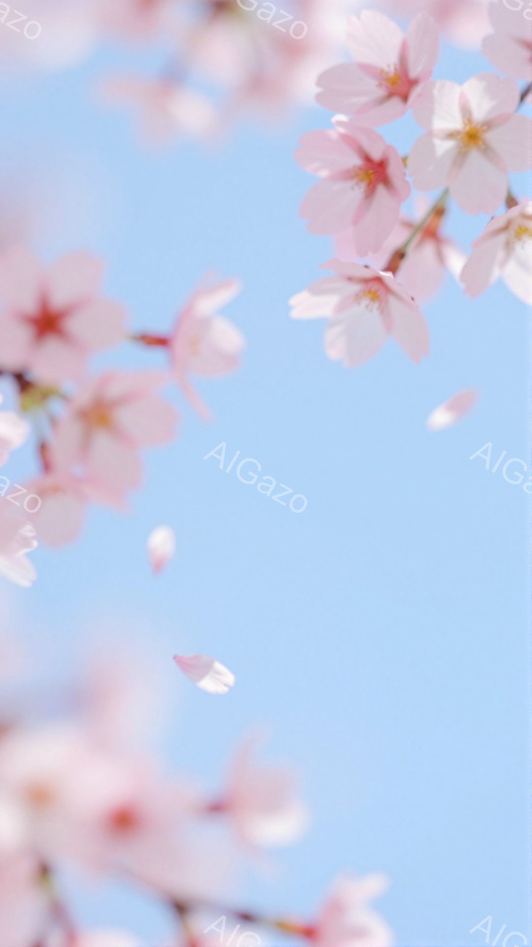 桜の花びらが青空を背景に舞い散る様子を捉えた写真です。花びらは淡いピンク色で、春の暖かく穏やかな雰囲気を醸し出しています。背景は明るい青空で、花びらがより一層引き立ち、儚く美しい瞬間を切り取っています - AI生成フリー素材