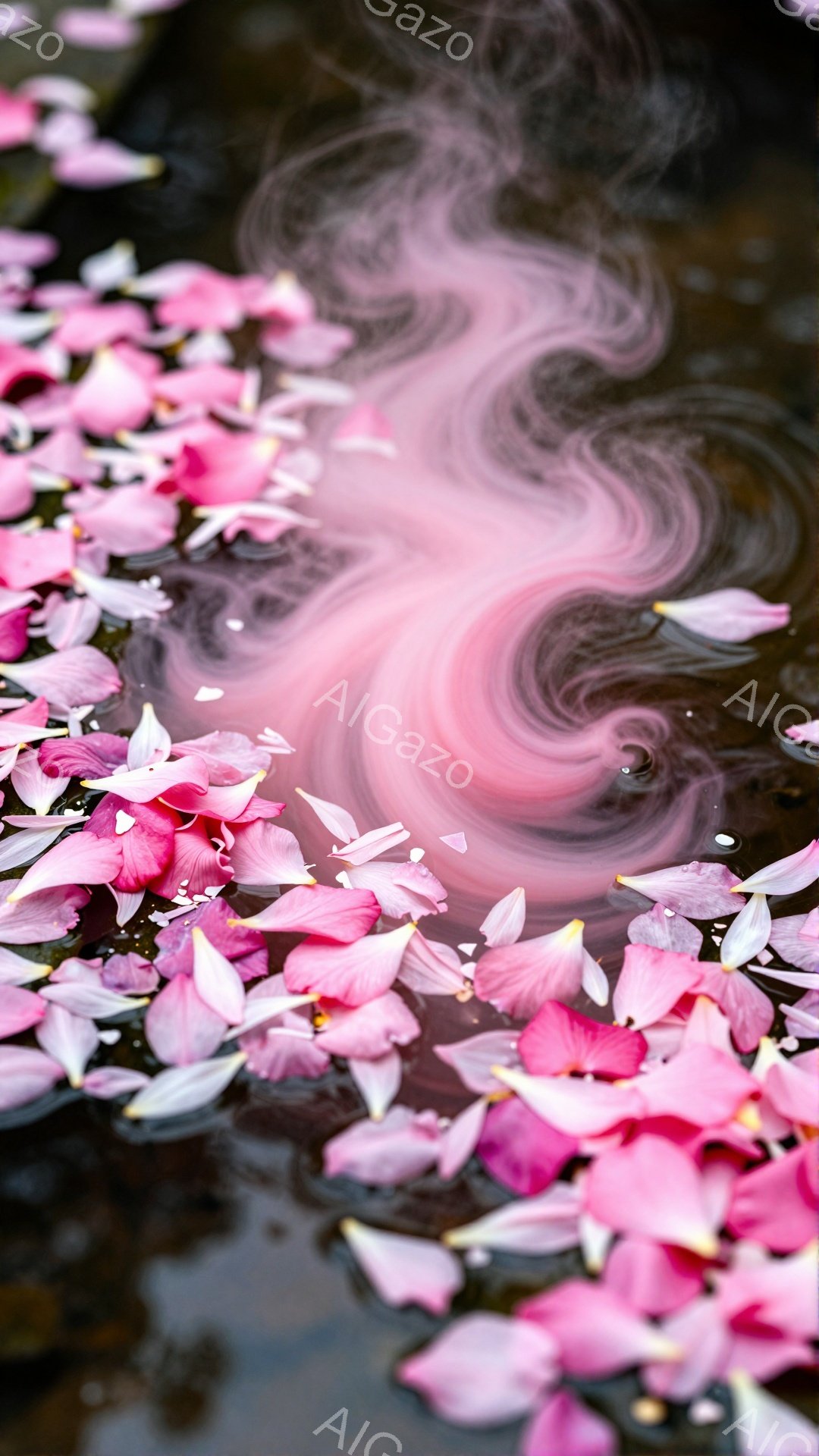 淡いピンク色の桜の花びらが水面に広がり、渦巻くような模様を作り出している。水面には花びらの影が映り込み、幻想的な雰囲気を醸し出している。背景は暗く、花びらのピンク色がより際立って見える。 - AI生成フリー素材