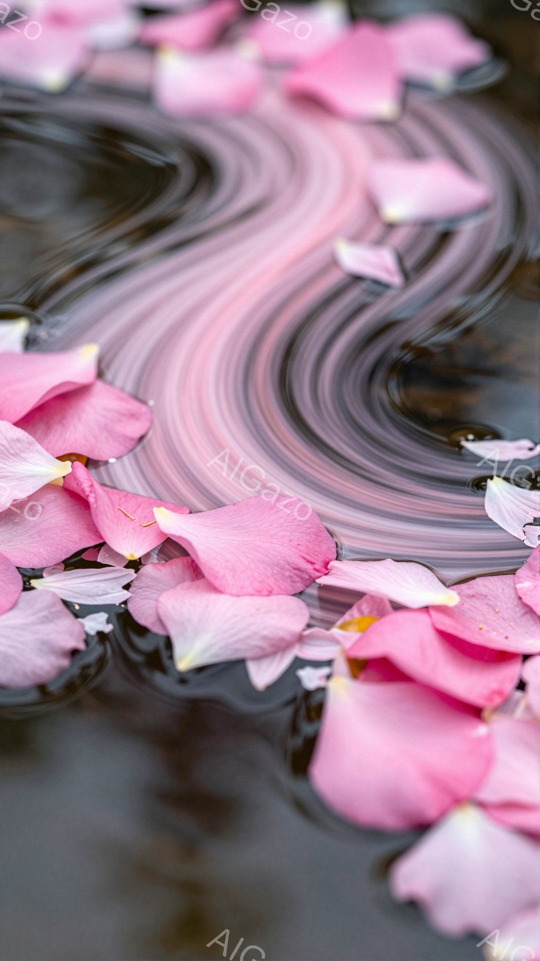 淡いピンク色の桜の花びらが、水面に散らばり、美しい渦巻き模様を作っている。水面は暗く、花びらの柔らかい色合いとのコントラストが際立っている。全体的に穏やかで幻想的な雰囲気を醸し出しており、春の儚さを感 - AI生成フリー素材