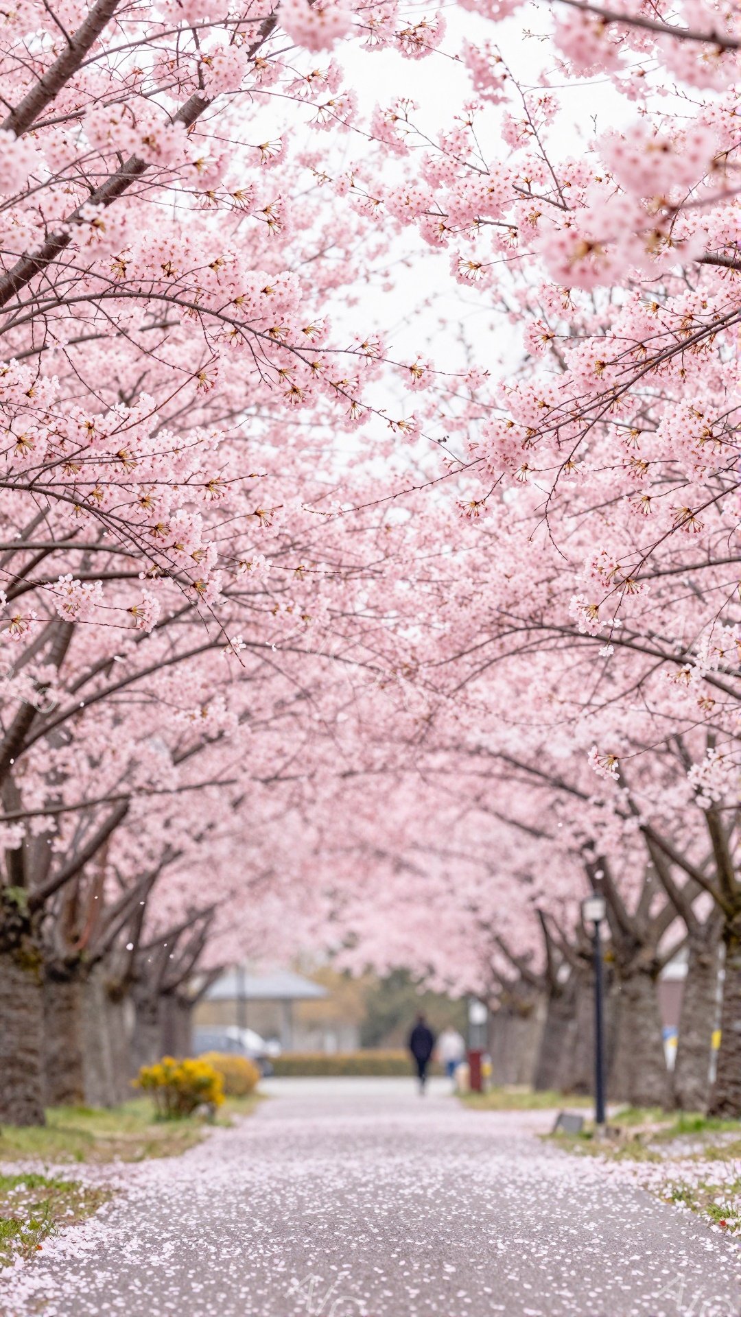 満開の桜並木の中を、黒いコートを着た人が一人歩いている。地面には桜の花びらが散り積もり、春の暖かさと儚さを感じさせる美しい風景だ。背景には、建物や緑の草むらがぼやけて見え、穏やかで平和な雰囲気が漂っている。