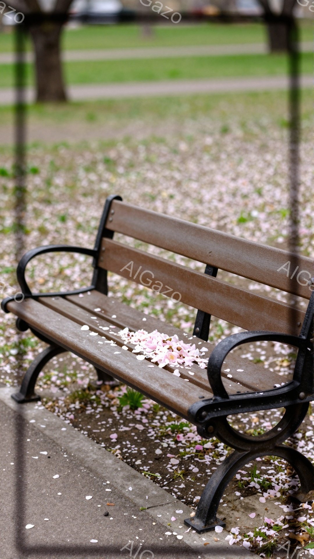 公園のベンチの上に、散り始めた桜の花びらが所々積もっている様子が写っている。ベンチは木製で、黒い金属製の脚が特徴的で、地面にはピンク色の桜の花びらが敷き詰められている。背景には緑の芝生と木々が見え、春の穏やかで詩的な雰囲気が漂っている。