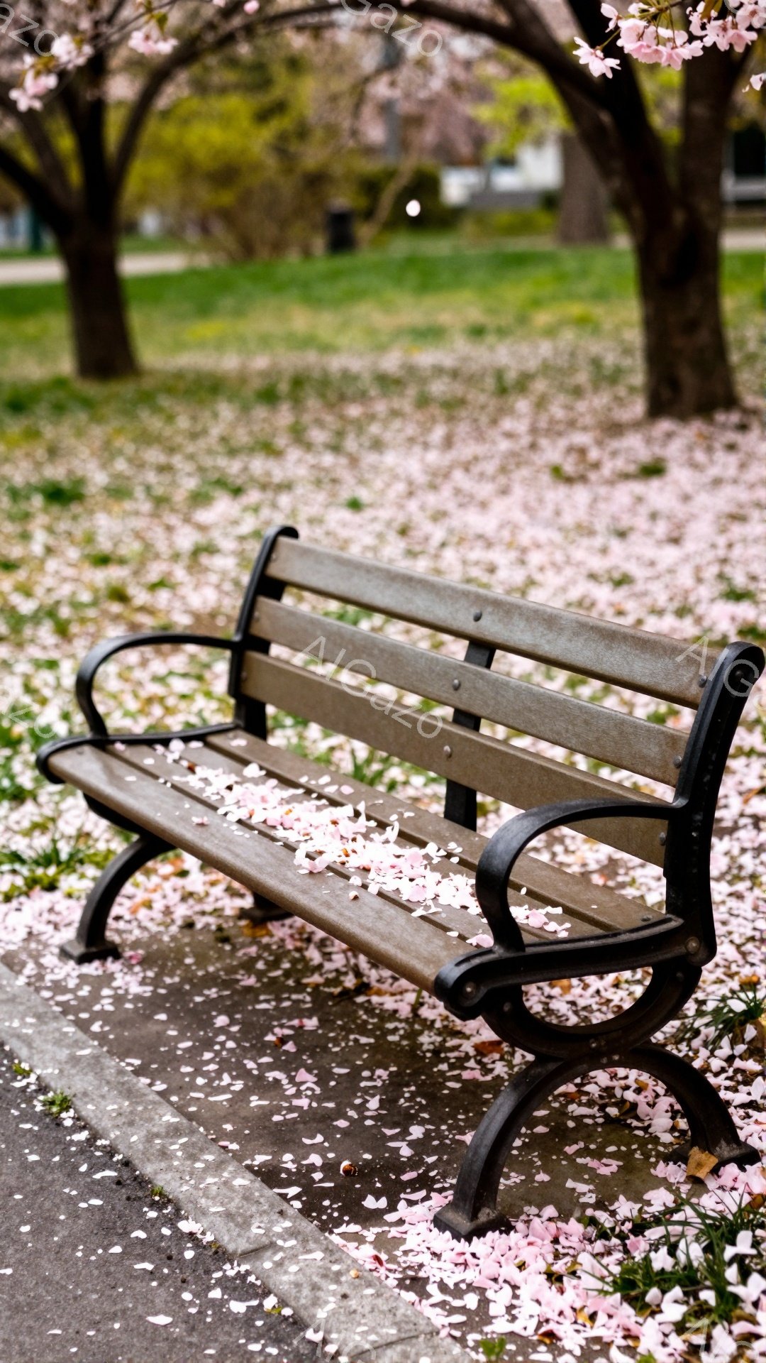 公園の歩道に設置された木製のベンチが写っている。ベンチの上や周囲の地面は、桜の花びらで覆われ、春の訪れを感じさせる。背景には緑豊かな木々と薄曇りの空が広がり、穏やかで静寂な雰囲気を醸し出している。