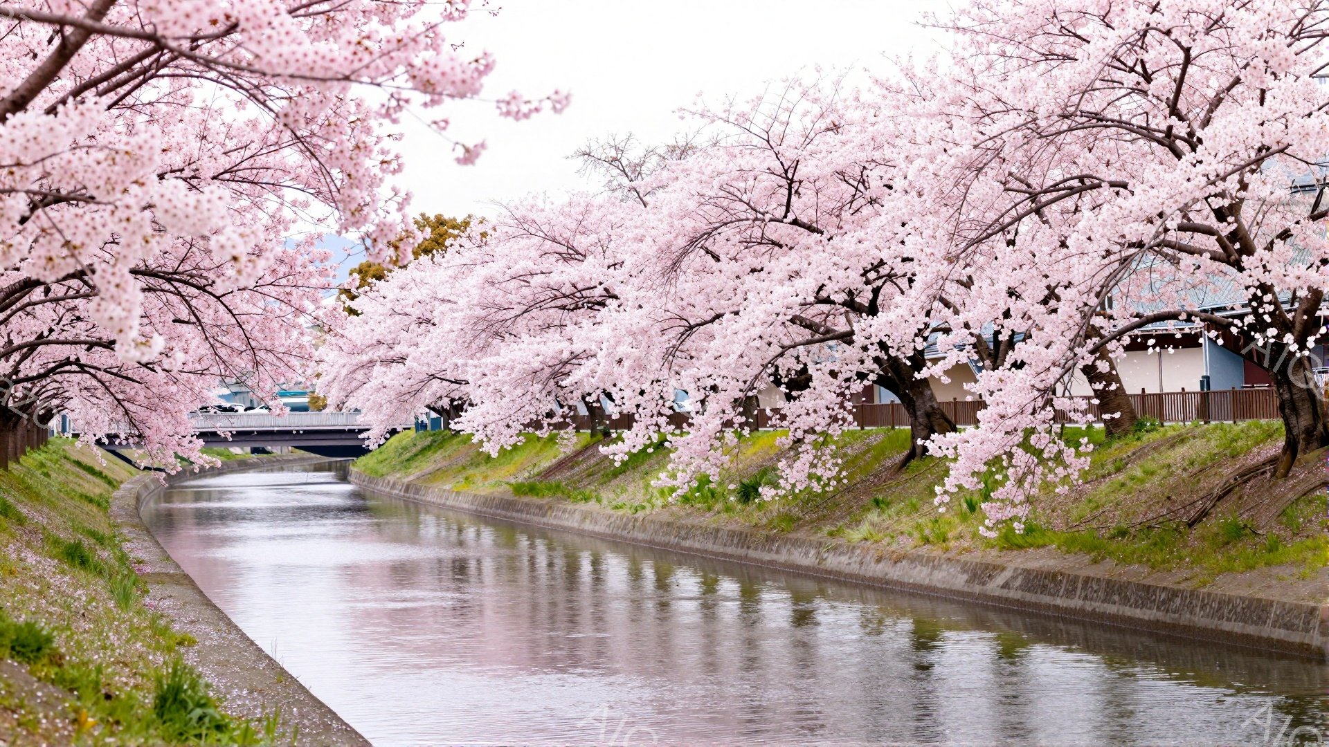 川沿いに桜並木が続き、満開の桜が水面を覆うように咲き誇っています。コンクリートの護岸には緑の草が生え、遠景には住宅や橋が見えます。穏やかな春の陽気が感じられる、安らぎに満ちた風景です。