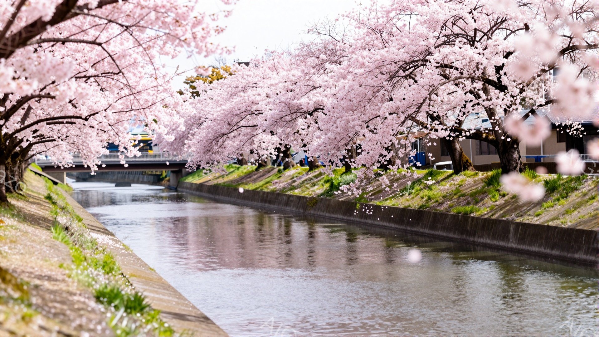 桜並木が続く水路が写っており、水面には花びらが散り、春の穏やかな雰囲気を醸し出しています。土手には緑の草が生え、背景には住宅や建物が見え、晴天の下で桜が満開を迎えています。水路と桜並木のコントラストが - AI生成フリー素材