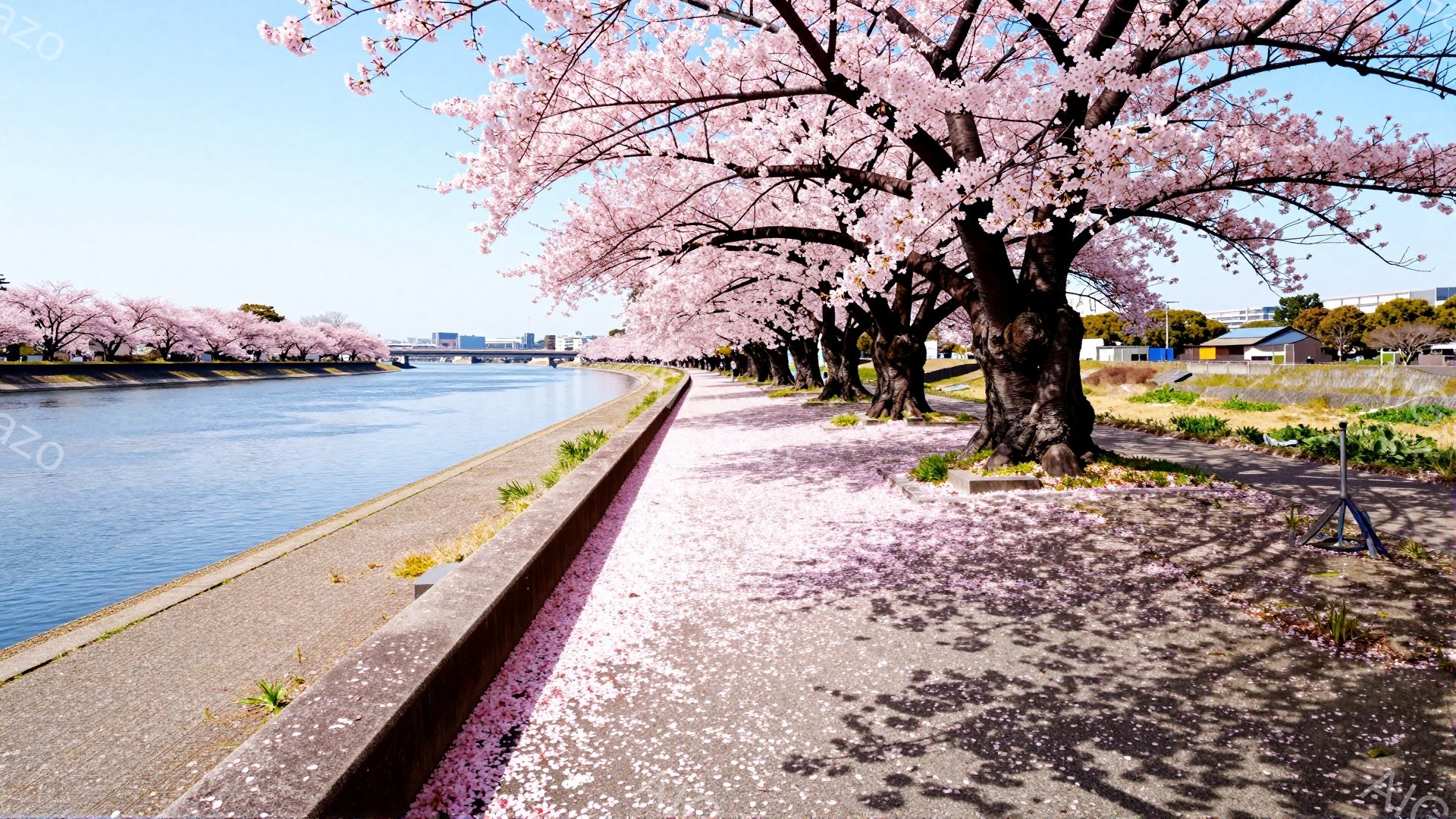 運河沿いに桜並木が続き、地面には桜の花びらが敷き詰められています。青空の下、日差しが桜並木に差し込み、地面には影が伸びています。遠くには建物が見え、穏やかで春らしい雰囲気が漂っています。
