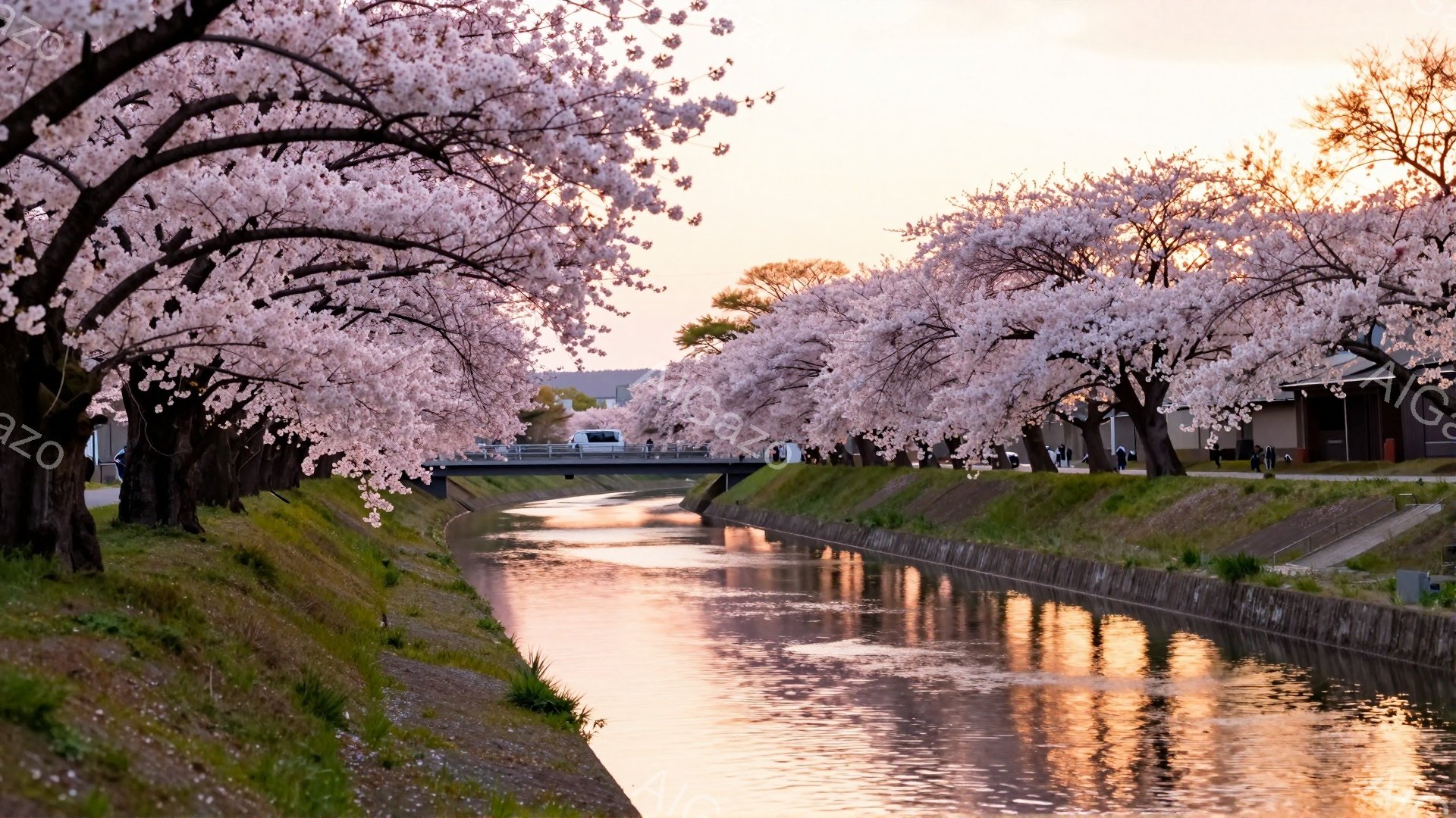 川沿いに桜並木が続き、水面にピンク色の花びらが反射して美しい光景が広がっています。遊歩道には数人の人々が散歩を楽しんでおり、穏やかな春の陽気に包まれた平和な情景です。背景には住宅や建物が見え、遠くには山々が霞んでおり、全体的に優しい色調で統一された、春の訪れを感じさせる穏やかな雰囲気です。
