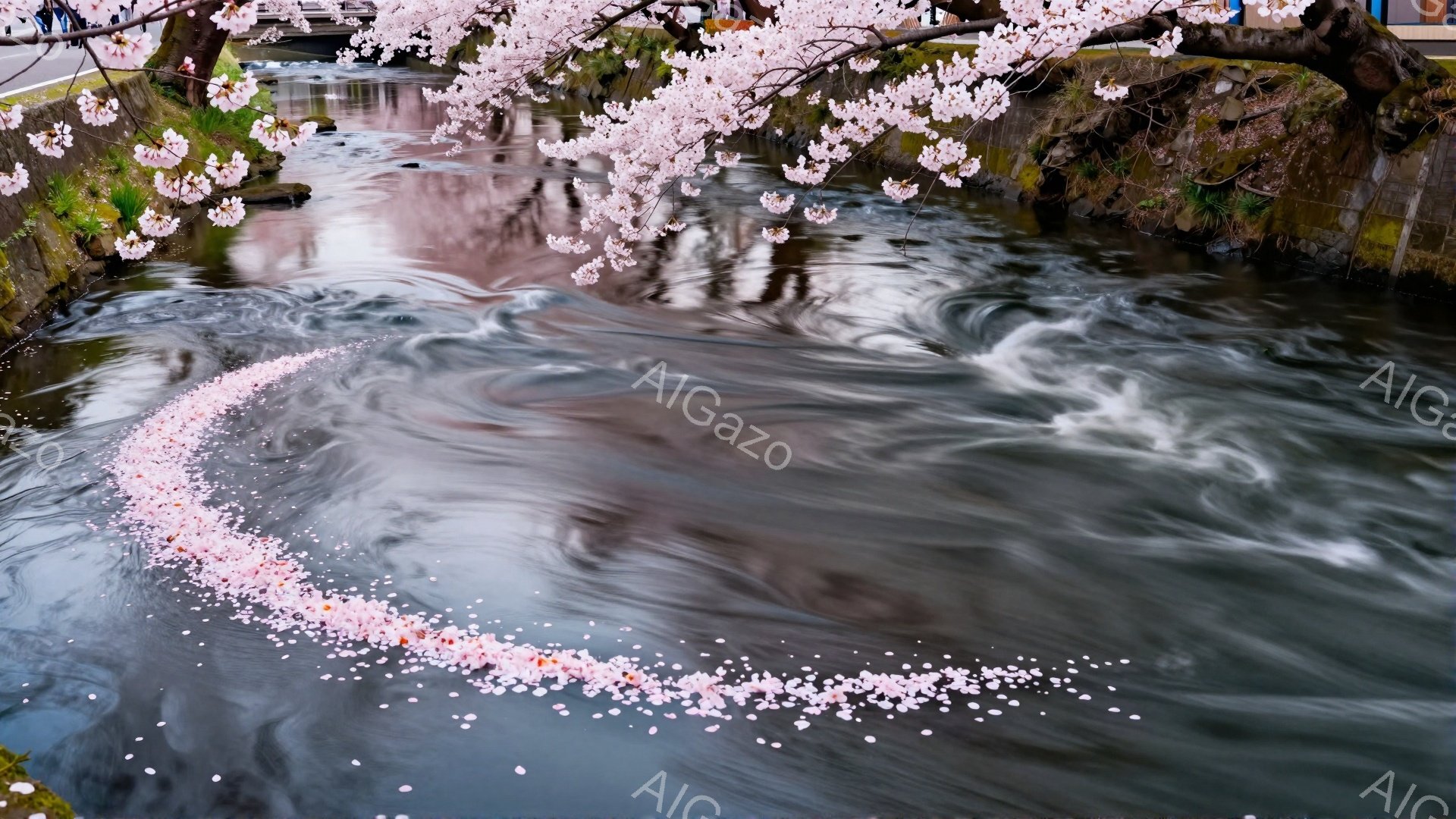 浅い流れの川に、桜の花びらが水面を覆うように漂っている様子が捉えられている。川岸には、緑が生い茂り、古びたコンクリートの壁が川の流れに沿って続いている。桜の花びらが水面に作り出すピンク色の帯が、穏やか - AI生成フリー素材