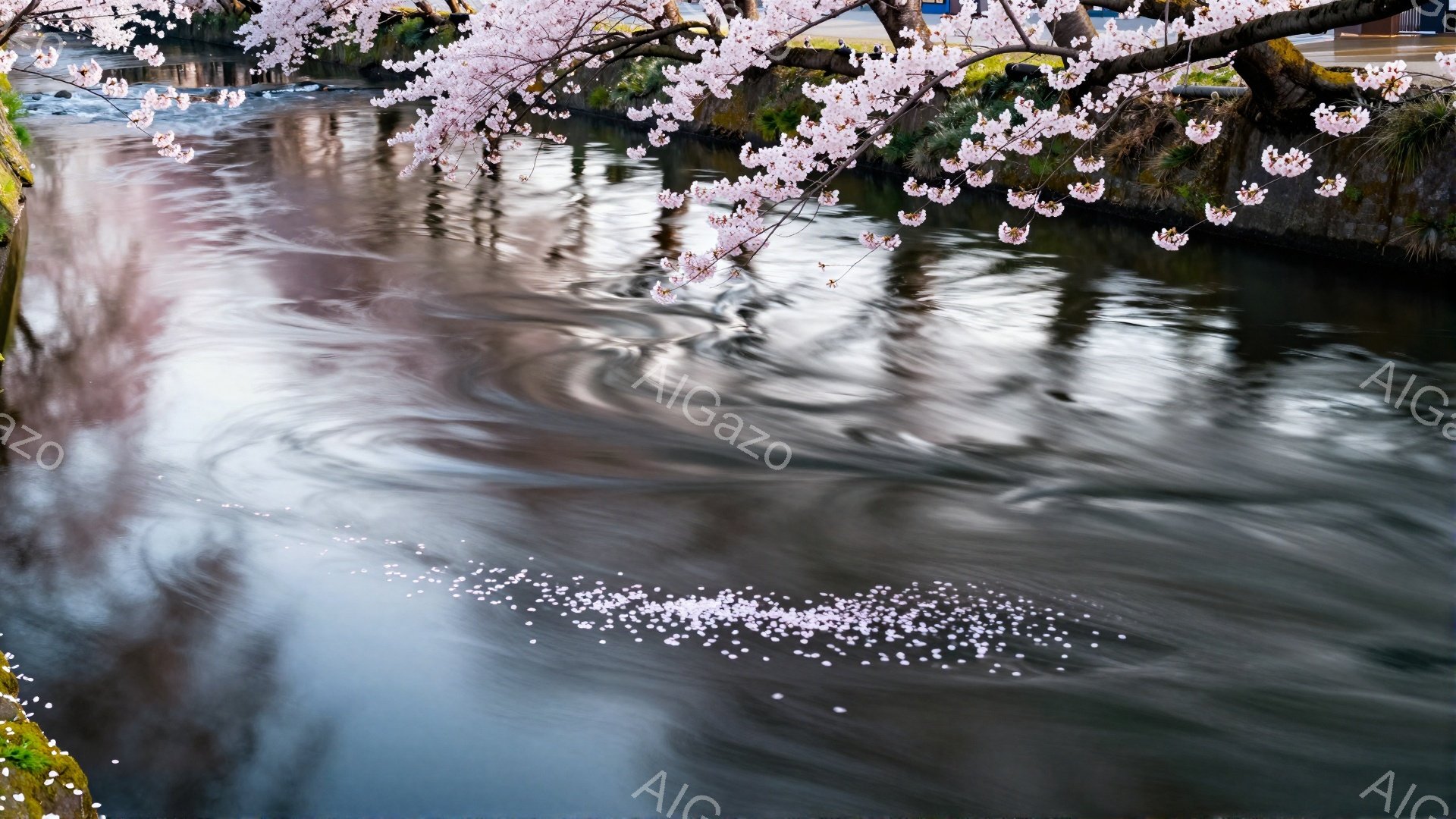 穏やかな川面に、桜の花びらが水面を覆うように漂っている様子が捉えられている。川沿いには桜の枝が伸び、その下には緑豊かな植物が生い茂り、春の柔らかな光が降り注いでいる。水面の波紋と桜の淡いピンク色が美し - AI生成フリー素材