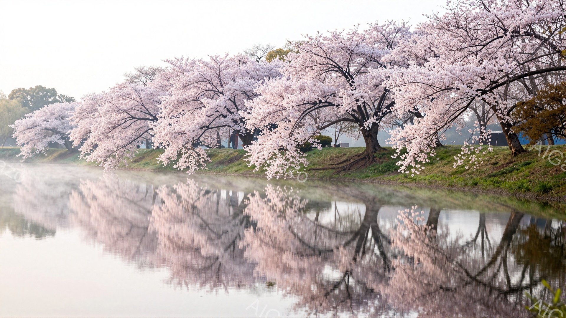 桜並木が水面に美しく映り込み、幻想的な光景が広がっています。朝靄が立ち込め、桜の花びらが水面を柔らかく照らし、穏やかな春の訪れを感じさせます。水辺の緑と桜の淡いピンク色が調和し、静かで優しい雰囲気を醸 - AI生成フリー素材