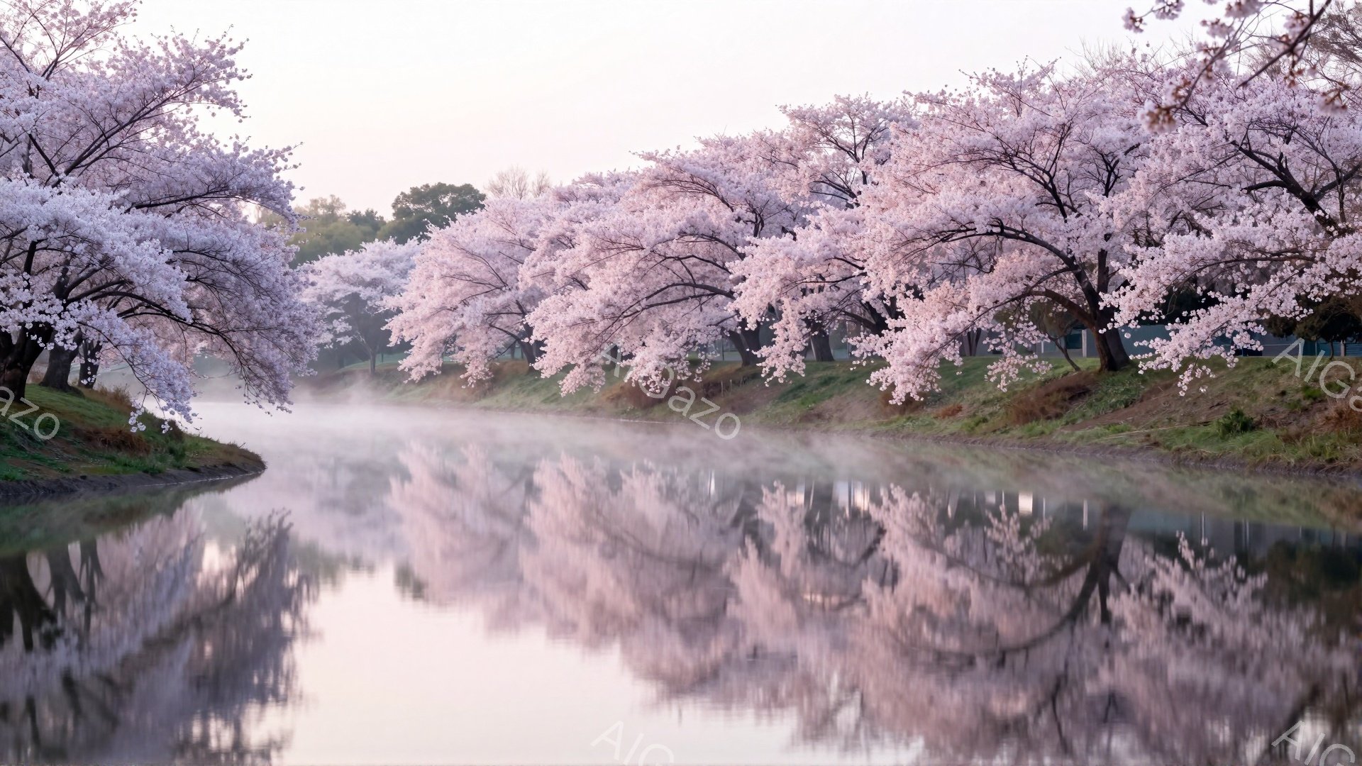 川沿いに桜並木が続き、水面にその美しい姿が映り込んでいる。薄霧が立ち込め、幻想的な雰囲気を醸し出しており、春の穏やかな息吹を感じさせる風景だ。桜の花びらは淡いピンク色で、水面に揺らめき、まるで絵画のよ - AI生成フリー素材