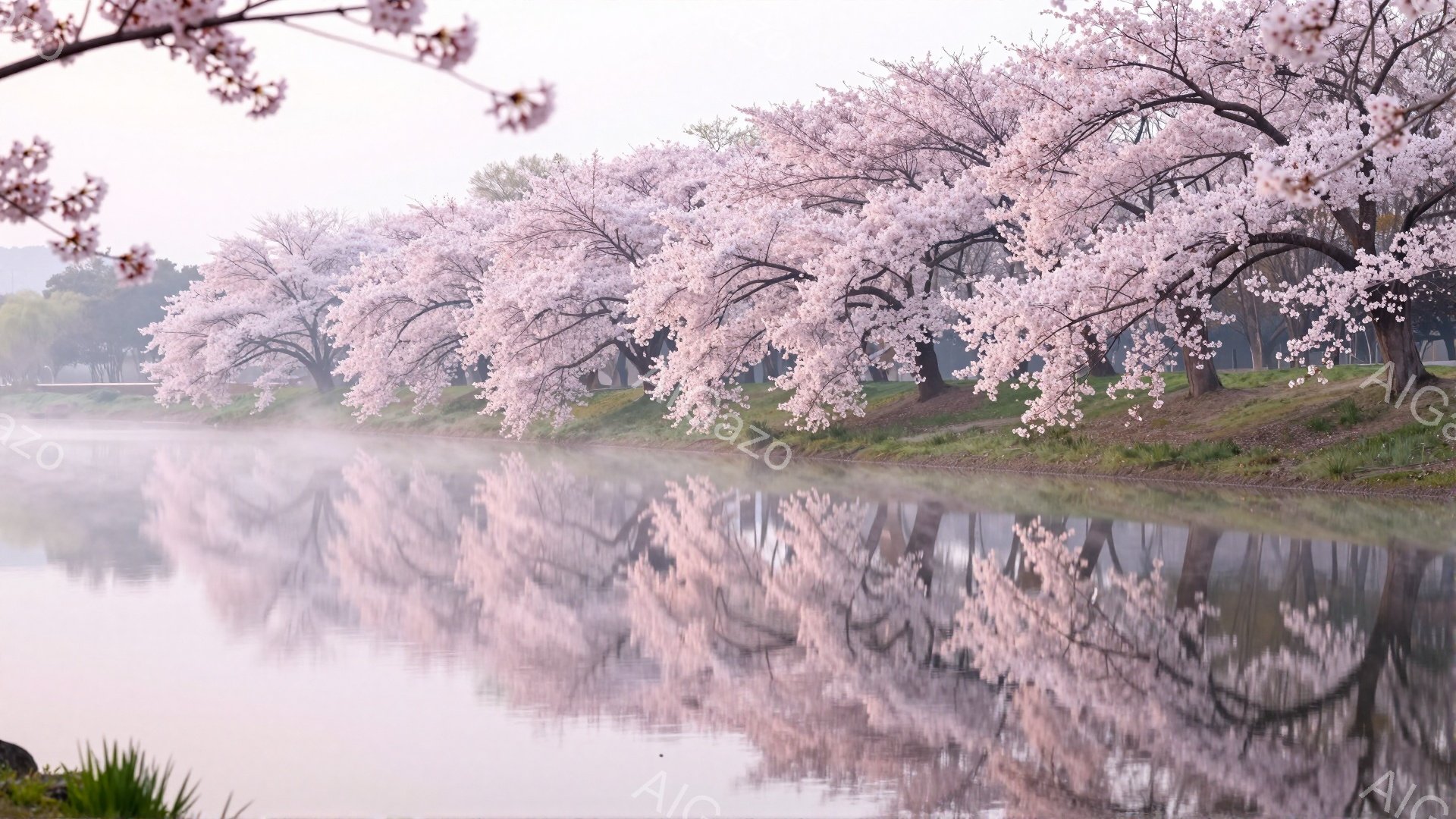 浅い水面に桜並木が美しく映り込み、幻想的な光景が広がっています。桜の淡いピンク色が水面に反射し、まるで絵画のような静けさです。背景には霞がかかり、春の穏やかな雰囲気を一層引き立てています。 - AI生成フリー素材