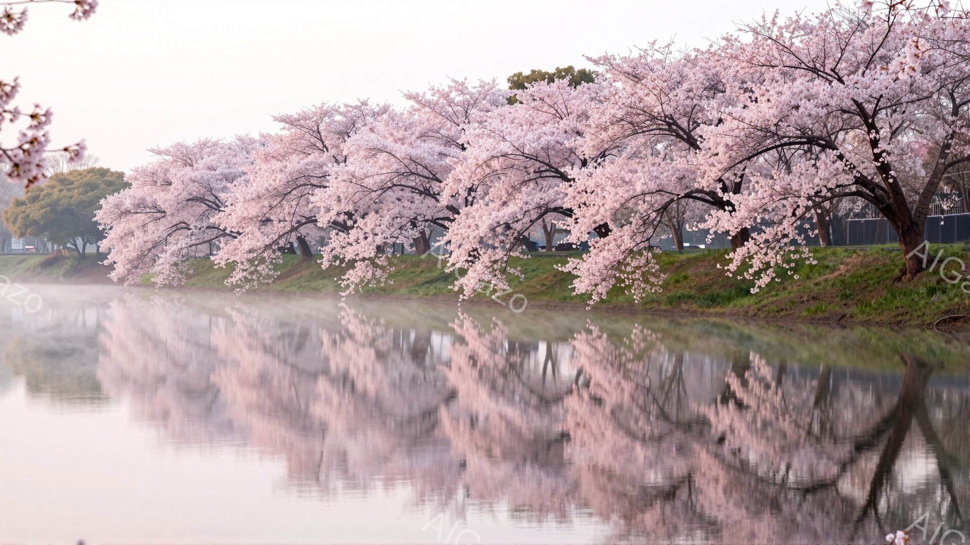 満開の桜並木が穏やかな水面に映り込み、幻想的な光景を作り出しています。桜の花びらは淡いピンク色で、春の訪れを告げる暖かな雰囲気が漂います。水面は鏡のように静かで、桜並木と空の色を鮮やかに反射し、優雅で - AI生成フリー素材