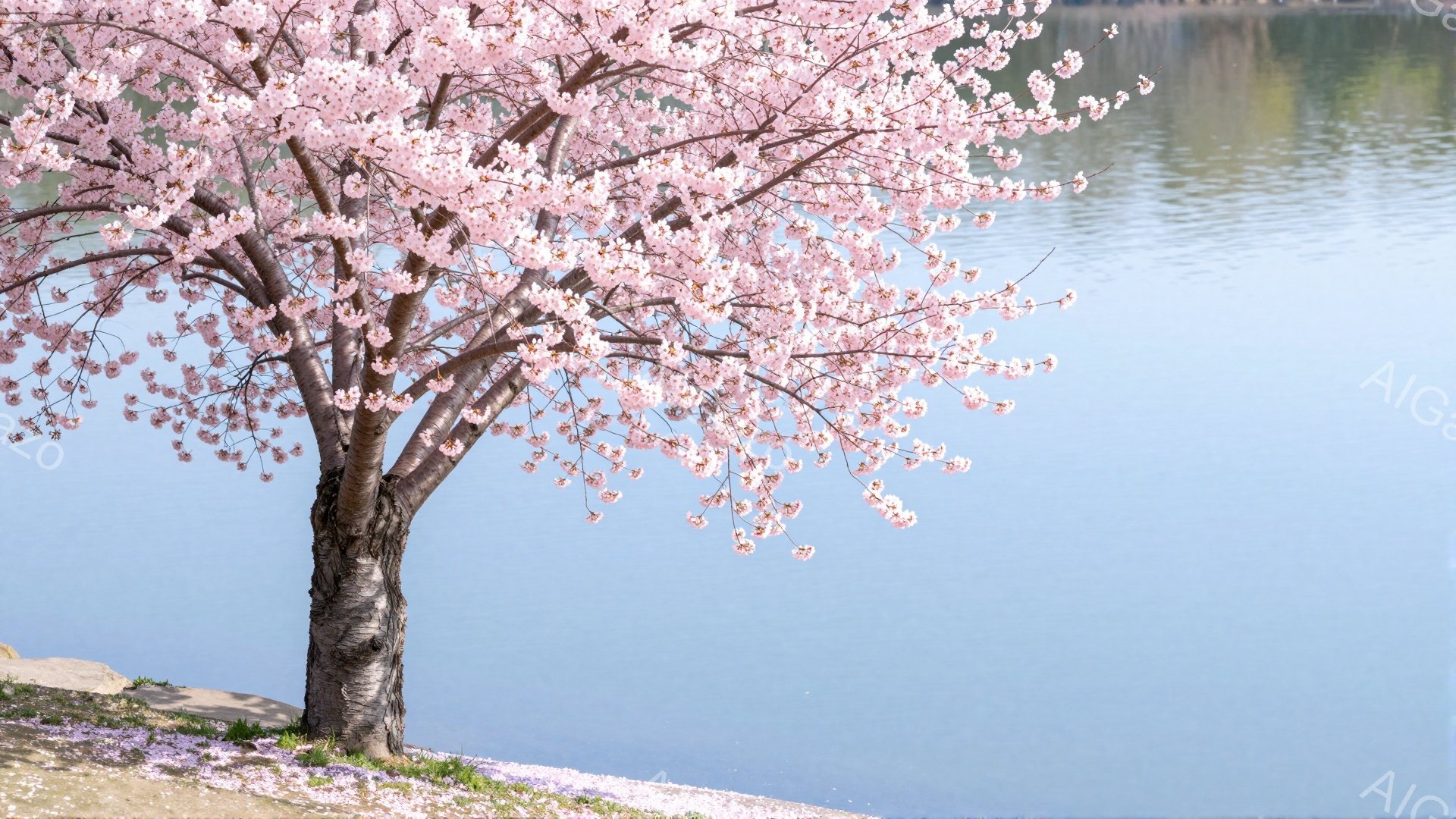 桜の木が水辺に咲き誇り、ピンク色の花びらが芝生の上に散りばめられています。穏やかな水面は太陽の光を反射してキラキラと輝き、背景にはぼんやりと緑豊かな風景が広がっています。春の暖かさと優雅さを感じさせる、静かで美しい光景です。